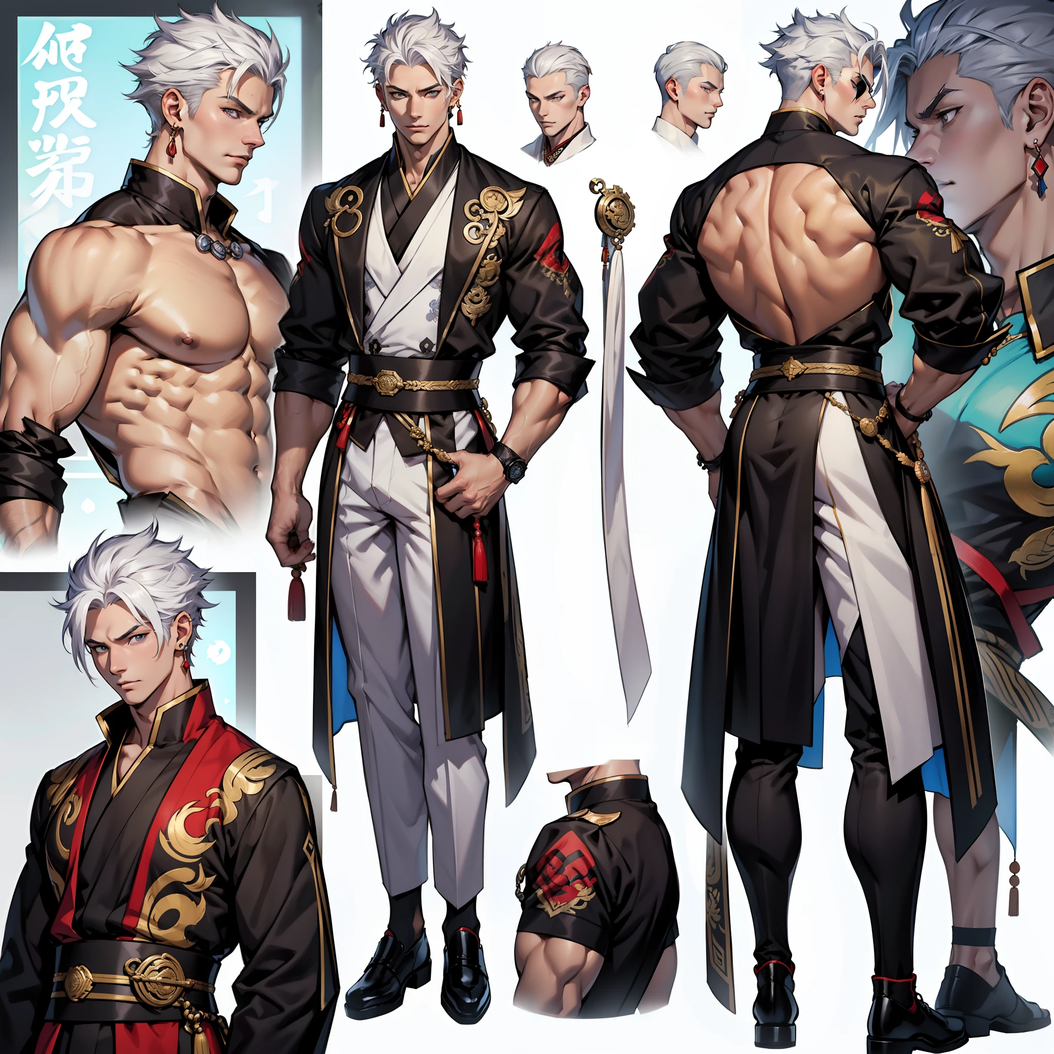 Character sheet, Handsome male. Perfect face, 6 ft 5 tall man. White hair. Short hair. Grey eyes. Eyepatch. Earrings. Toned body. Muscular male, character design sheet,full bodyesbian, Full of details, body front view, body back view, Full body, front and back view, muscle body, Traditional chinese clothes. Genshin Impact. Hydro vision. Bulge in pants. Liyue, ((Masterpiece, Highest quality)), Detailed face, character design sheet, full bodyesbian, Full of details, frontal body view, back body view, Highly detailed, Depth, Many parts,