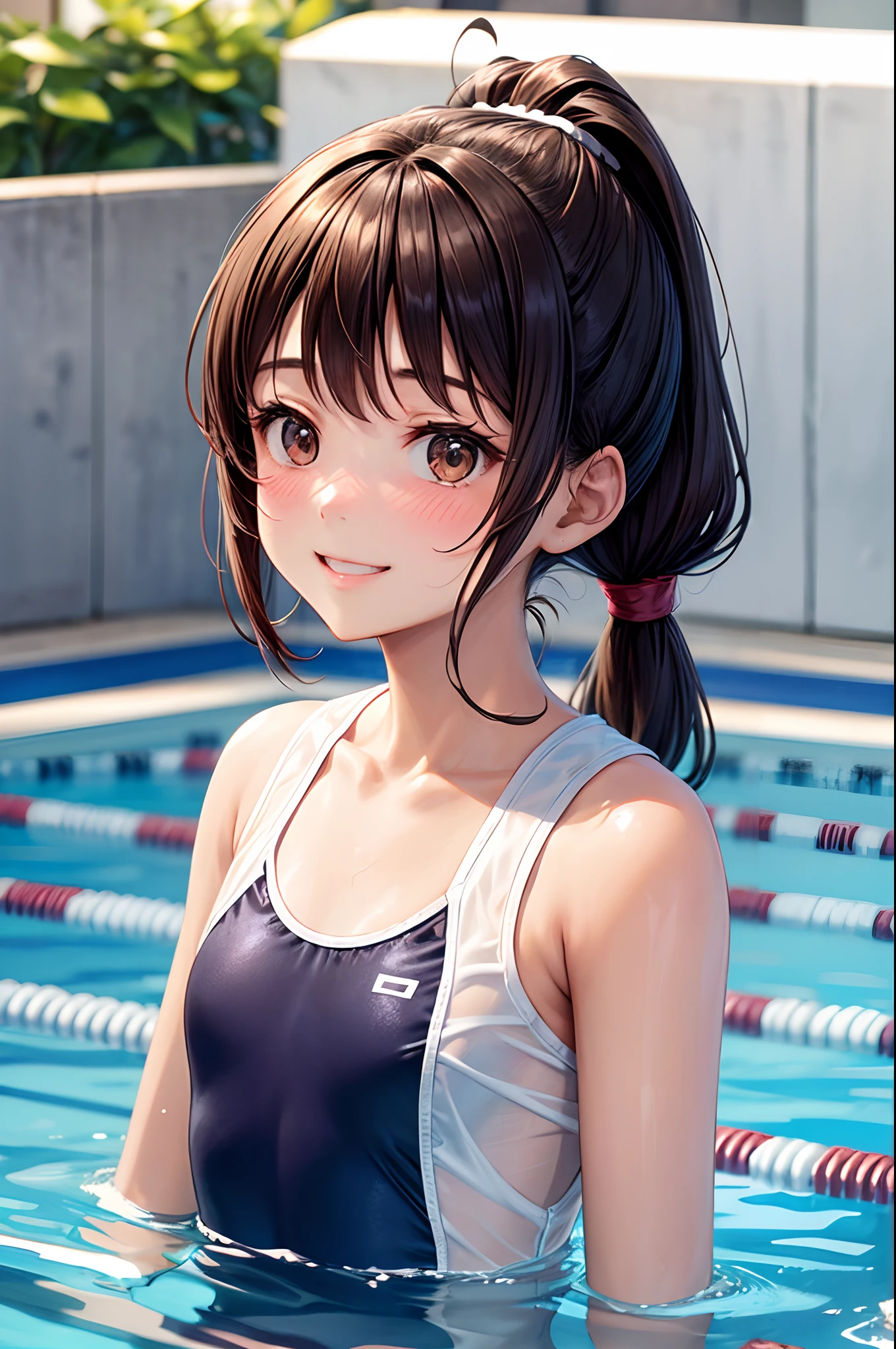 lighting like a movie、top-quality、school swimming pool、white school swim suit、夏天、small tits、full of sweat、Wearing sweat、wet swimsuit、Eyes from below、Sheer skin、Sheer skin、