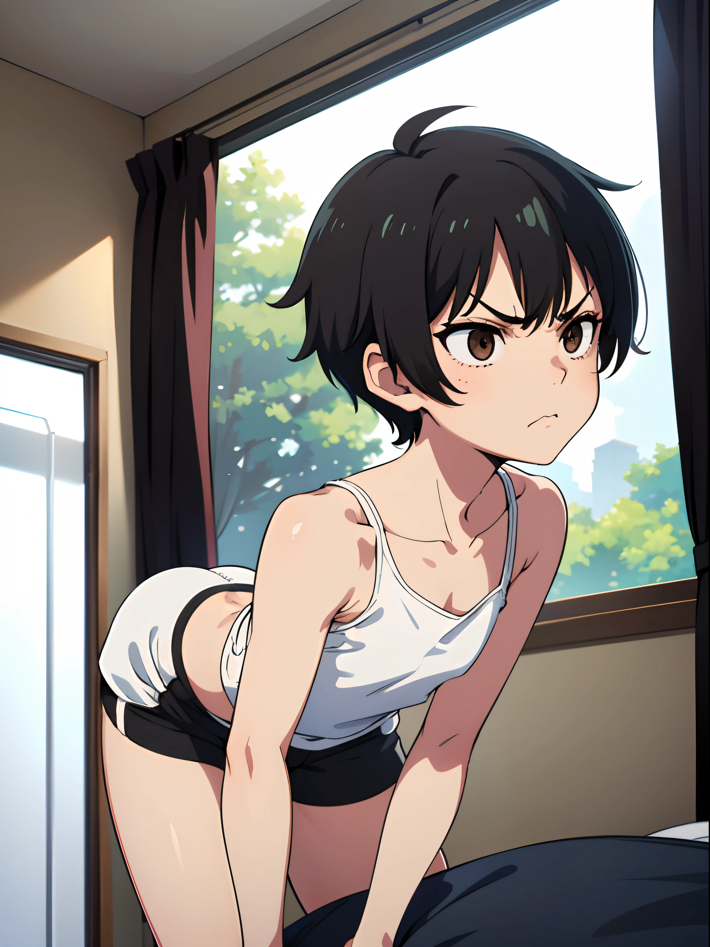 tomboy, small height, skinny, anorexic, pixie cut, black hair, short gym shorts, white shirt, light brown eyes, cute, in the bedroom, angry face
