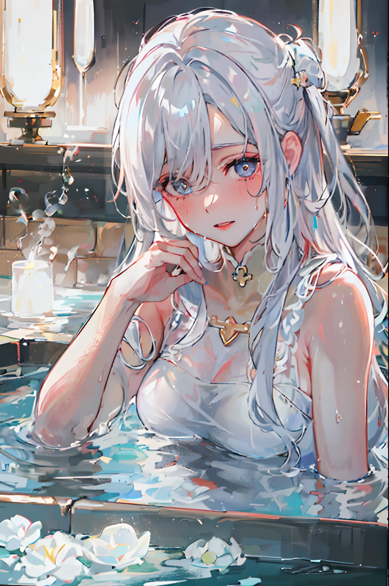 ((beautiful lighting, Best quality, 8K, Masterpiece: 1.3)), 1girl, Perfect body beauty: 1.4, elegant pose, Sweaty + wet skin,((white hair)), (White dress: 1.4), (Bathing gown), (Over the knee white stockings: 1.5), (onsen , night: 1.1), (Hot water bath), Soak, Super Fine Face