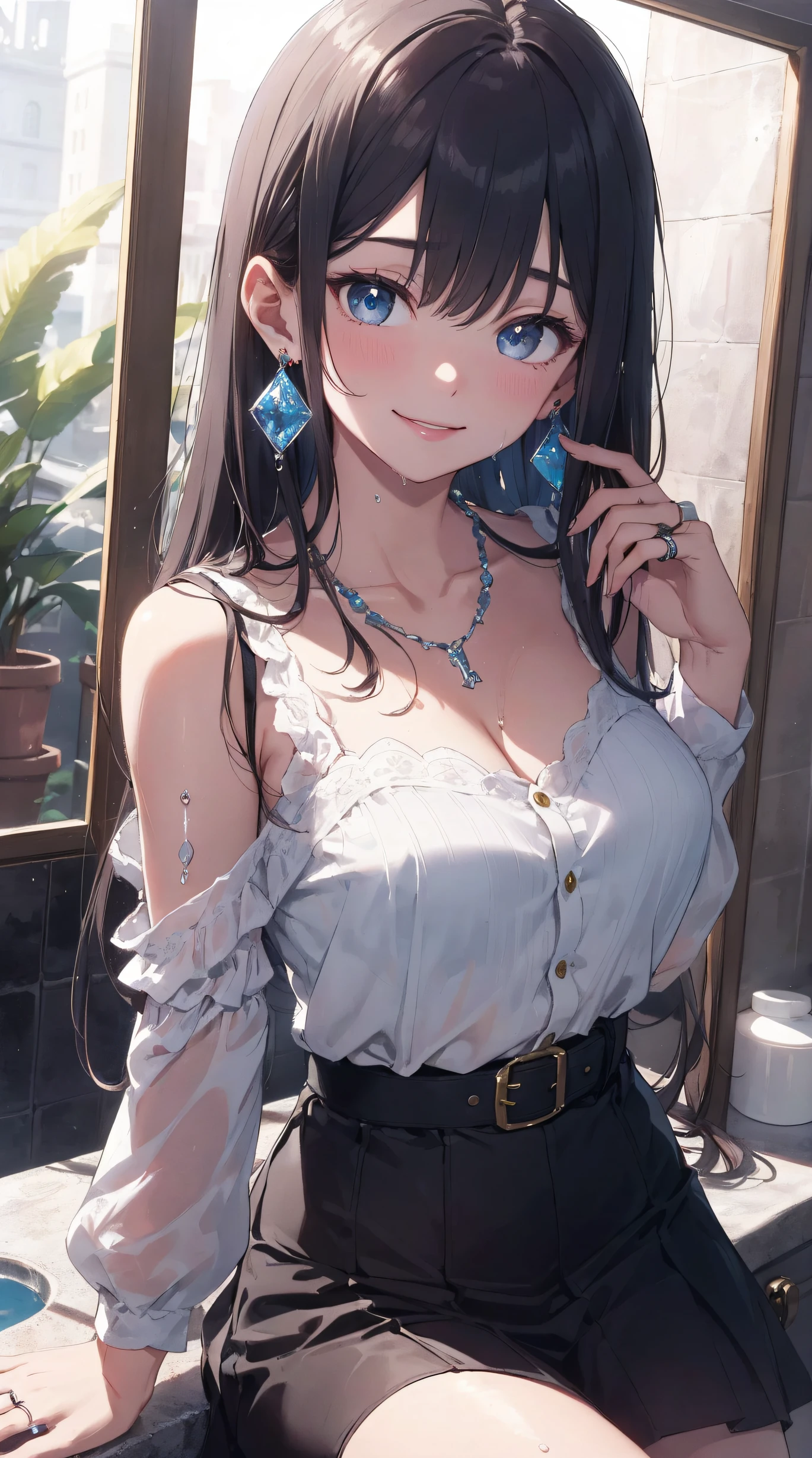 ((masterpiece best quality:1.4)), ((mastepiece, Best Quality)), (The 8k quality), (Detailed background:1.3), (Detailed face:1.3), (The cutest age idols:1.5),Beautiful portrait、Delicate body,Wet ruffled blouse,Long Check Skirt,exposed breast、Flipped skirt、sexy underwear、garterbelts、Vintage, Long Blue Hair,Cinematic Light,Little smile,tilt the neck、Lying on your back in the bathroom、Sunlight、Rainbow glow, Beautiful Glow,Luxurious earrings, Luxurious necklace,Luxurious rings、Shy smile、red blush、