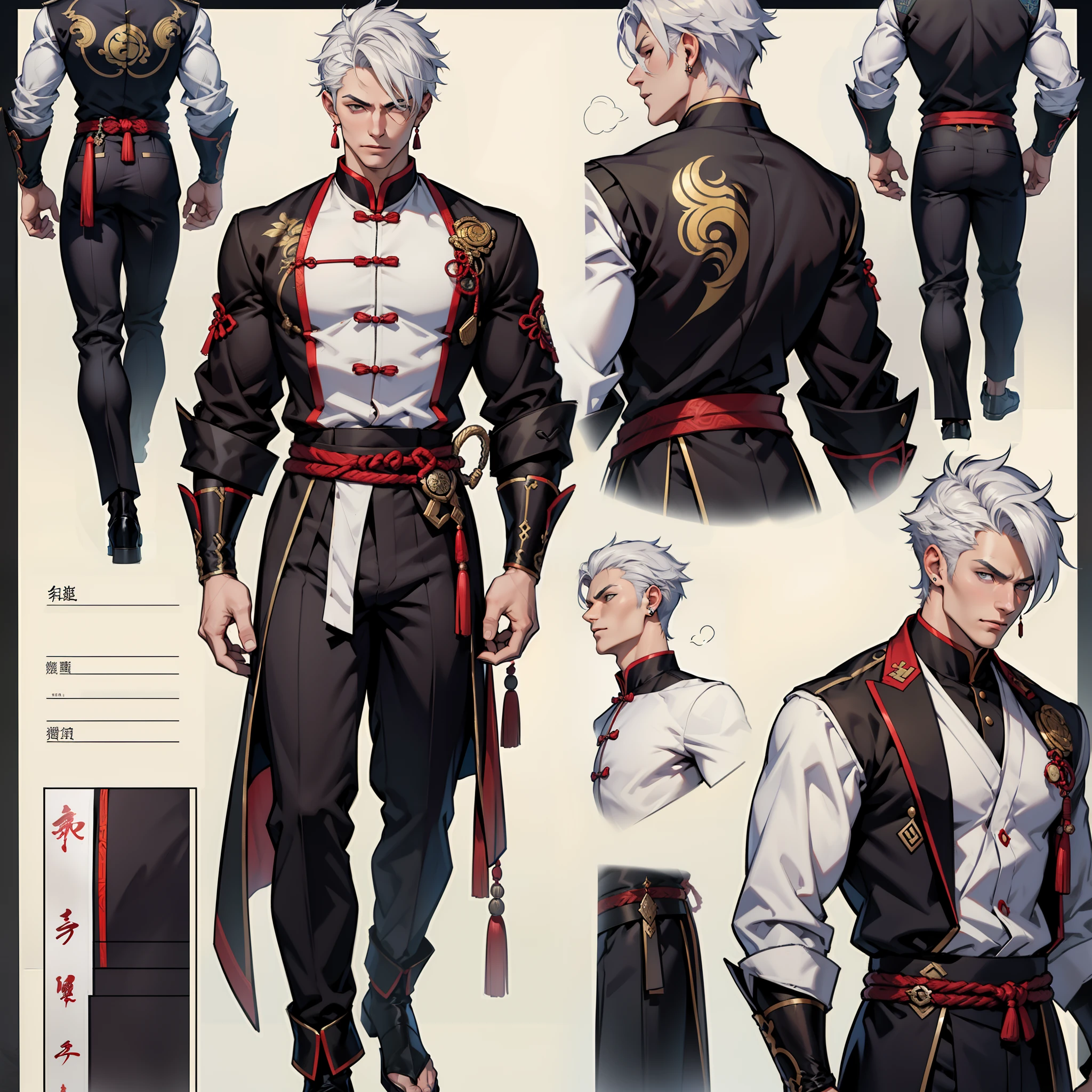 Character sheet, Handsome male. Perfect face, 6 ft 5 tall man. White hair. Short hair. Grey eyes. Eyepatch. Earrings. Toned body. Muscular male, character design sheet,full bodyesbian, Full of details, body front view, body back view, Full body, front and back view, muscle body, Traditional chinese clothes. Genshin Impact. Hydro vision. Bulge in pants. Liyue, ((Masterpiece, Highest quality)), Detailed face, character design sheet, full bodyesbian, Full of details, frontal body view, back body view, Highly detailed, Depth, Many parts,