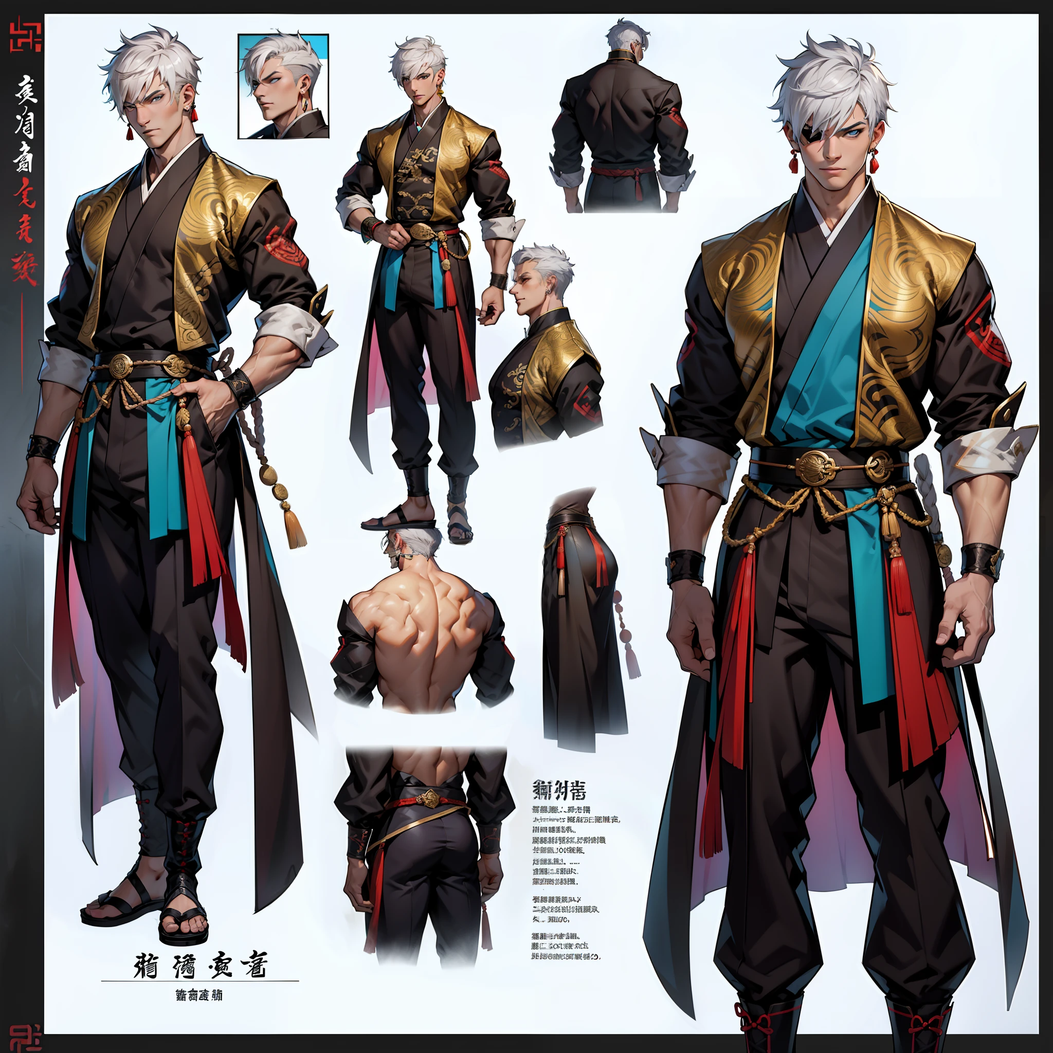 Character sheet, Handsome male. Perfect face, 6 ft 5 tall man. White hair. Short hair. Grey eyes. Eyepatch. Earrings. Toned body. Muscular male, character design sheet，full bodyesbian, Full of details, body front view, body back view,  Full body, front and back view, muscle body, Traditional chinese clothes. Genshin Impact. Hydro vision. Bulge in pants. Liyue, ((Masterpiece, Highest quality)), Detailed face, character design sheet， full bodyesbian, Full of details, frontal body view, back body view, Highly detailed, Depth, Many parts,