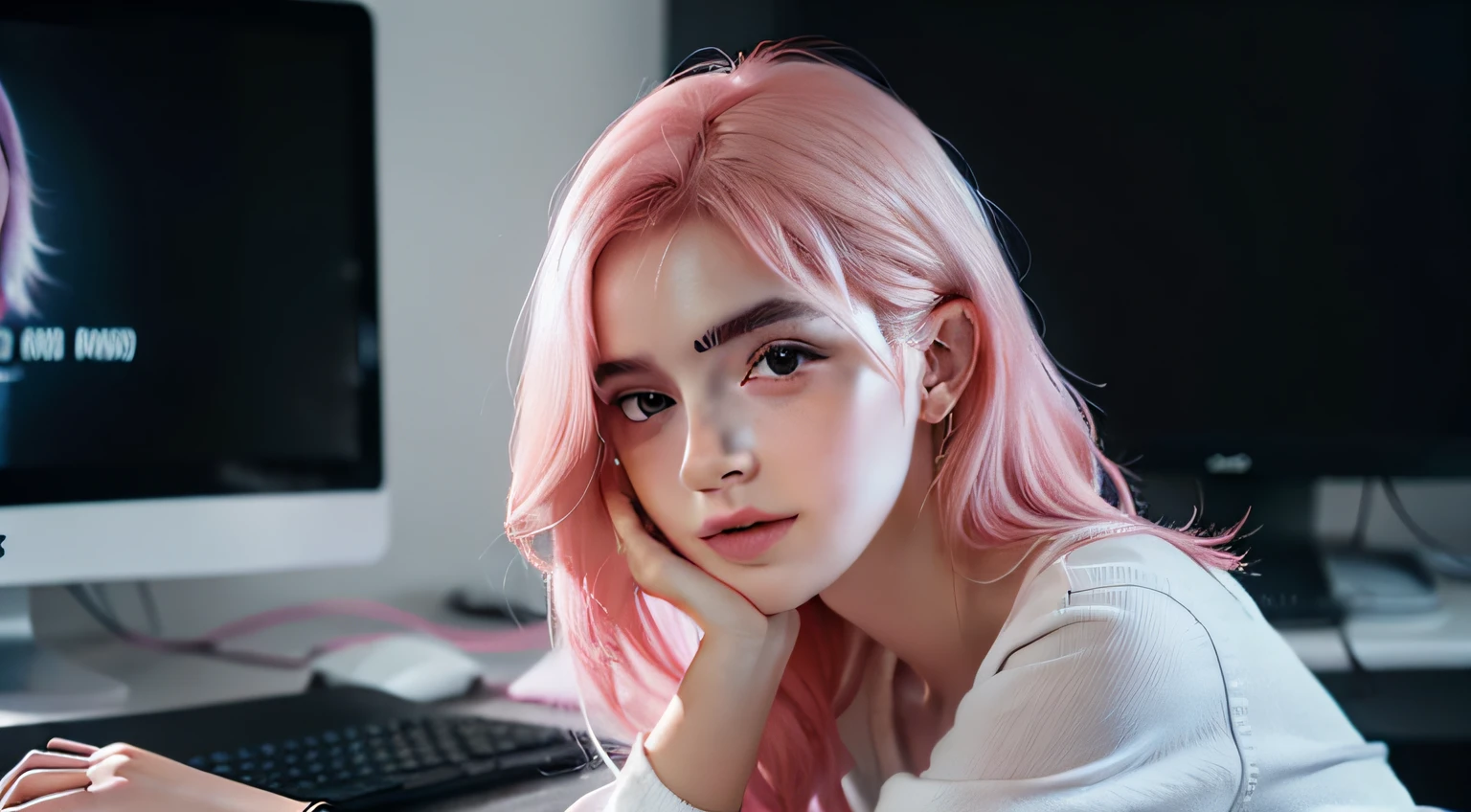 photo of a woman working on a computer , freelancer , gamer , cute girl ,facing computer , looking at computer , thinking , jovana rikalo, full subject shown in photo, professional image , wide portrait, young business woman, with pink hair, high quality portrait , emma watson, blur font