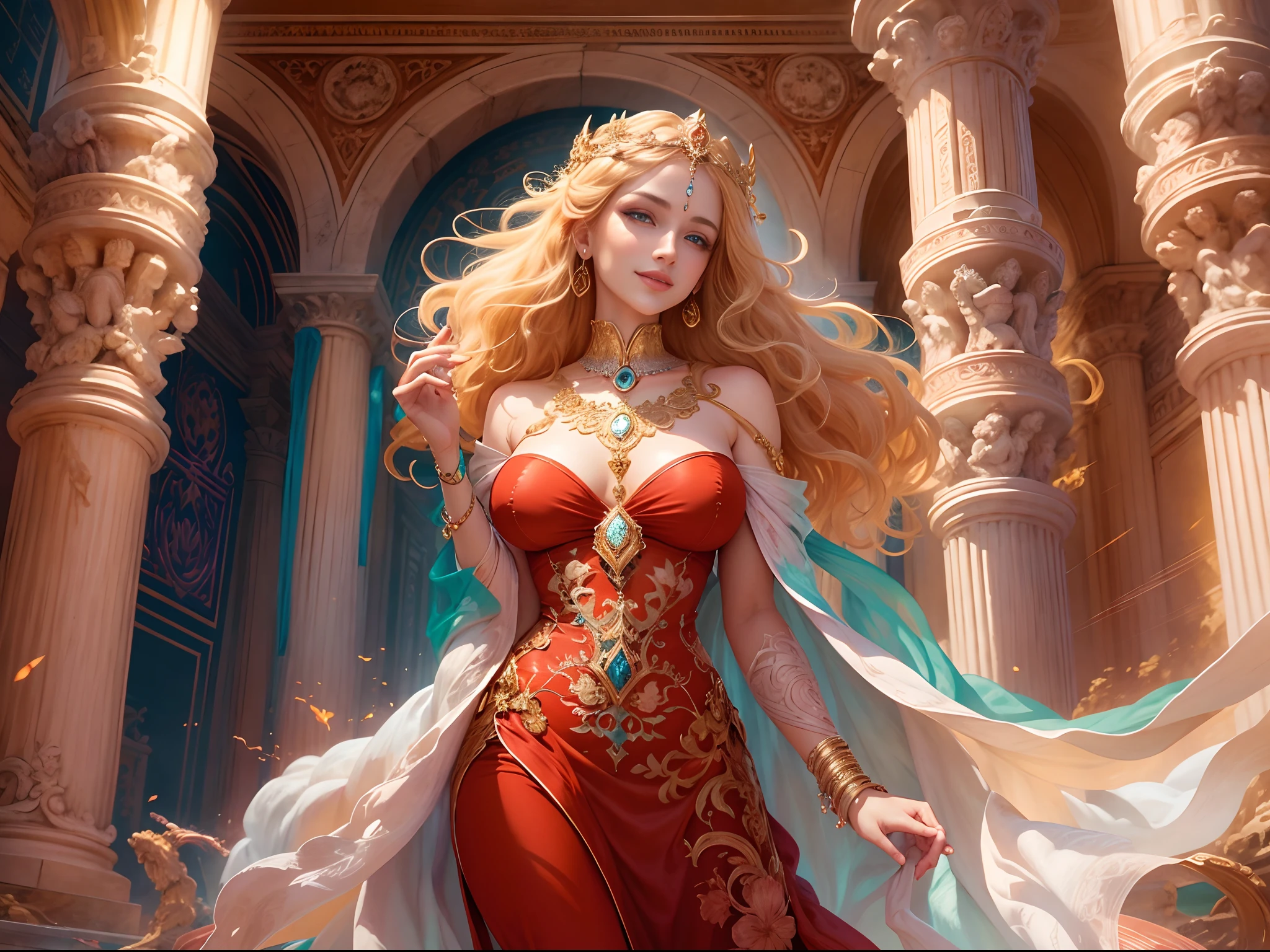 Goddess, romatic, Red dress, Big breasts, Golden hair, Blue iris, illustration, Detailed, High quality, Vivid colors, Radiant illumination, sportrait, Ancient architecture, Flowing fabric, posing elegantly, Soft shadows, Marble statue of, Ethereal beauty, Intricate patterns, Regal Halo, Fabulous charm, Sweet smiling