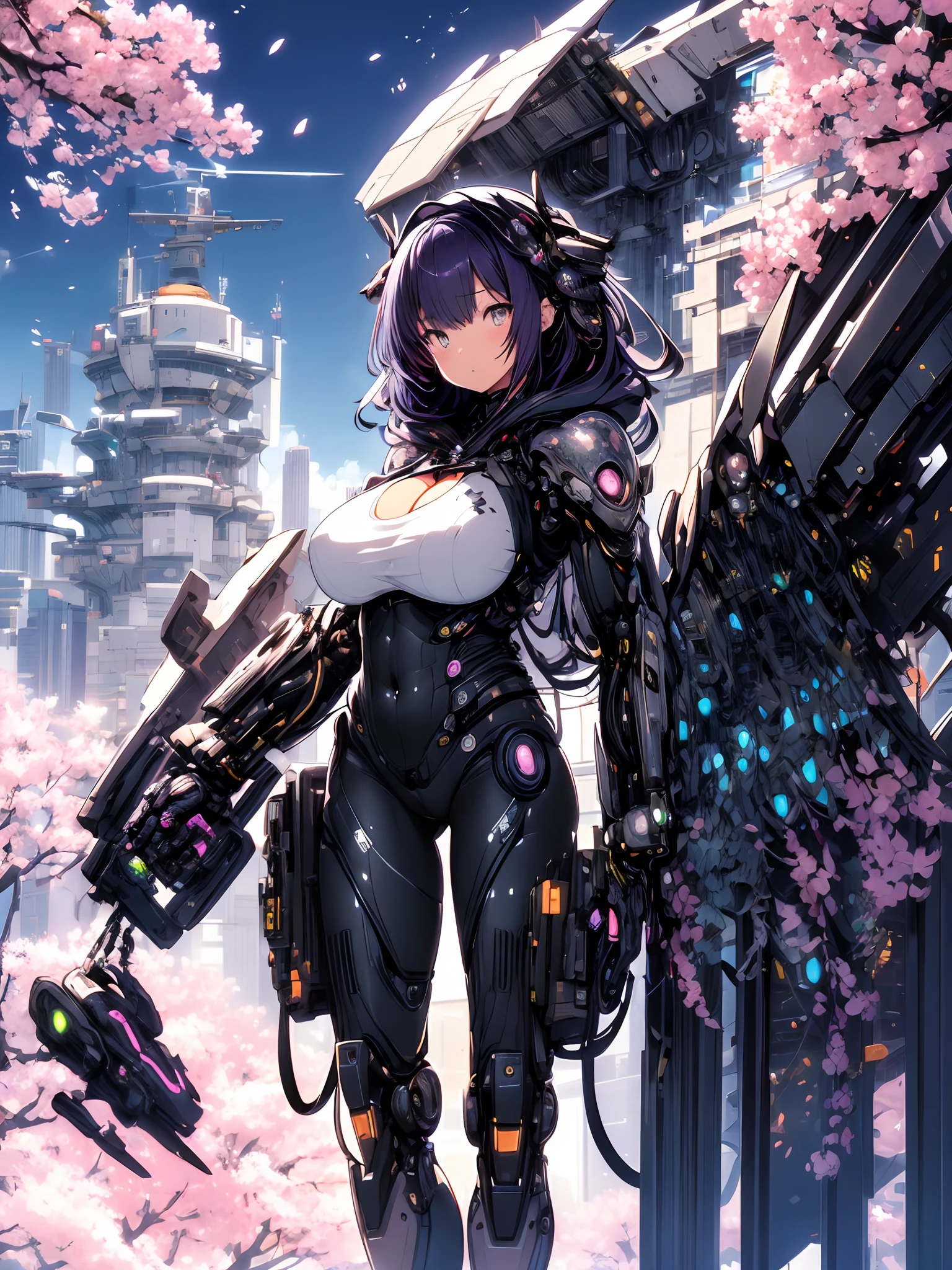 The most beautiful and sexy mecha warrior girl, purple hair, yellow eyes, wearing a highly detailed futuristic hooded mecha battle armor, mechanical angel wings, huge enormously gigantic tits, cleavage showing, tons of tattoos and piercings, in hyper futuristic city metropolis, cherry blossoms blowing in the wind, highly detailed background, absurdres, highres, ultra detailed, (cute illustration:1.5), (cute,kawaii,sweet:1.2),
(1girl:1.4), bodysuit, cyborg girl,
hyper enormously gigantic mechanical hands,dynamic pose, facing the camera 
nice hands, perfect hands, incredibly cinematic, best quality, best resolution