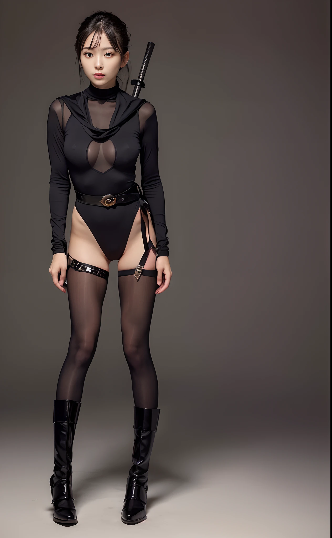 ( (8K:1.27)、top-quality、masterpiece、超A high resolution:1.2) Photo of a cute Japanese woman (Beautiful fece:1.1) (sci-fi warrior woman:1.1) 、Female ninja、Be sure to wear black tights、Be sure to wear underground tabi boots、highleg、Beautifully draw the crotch、Pichi Pichi Costume、Beautifully draw body lines、Kunoichi