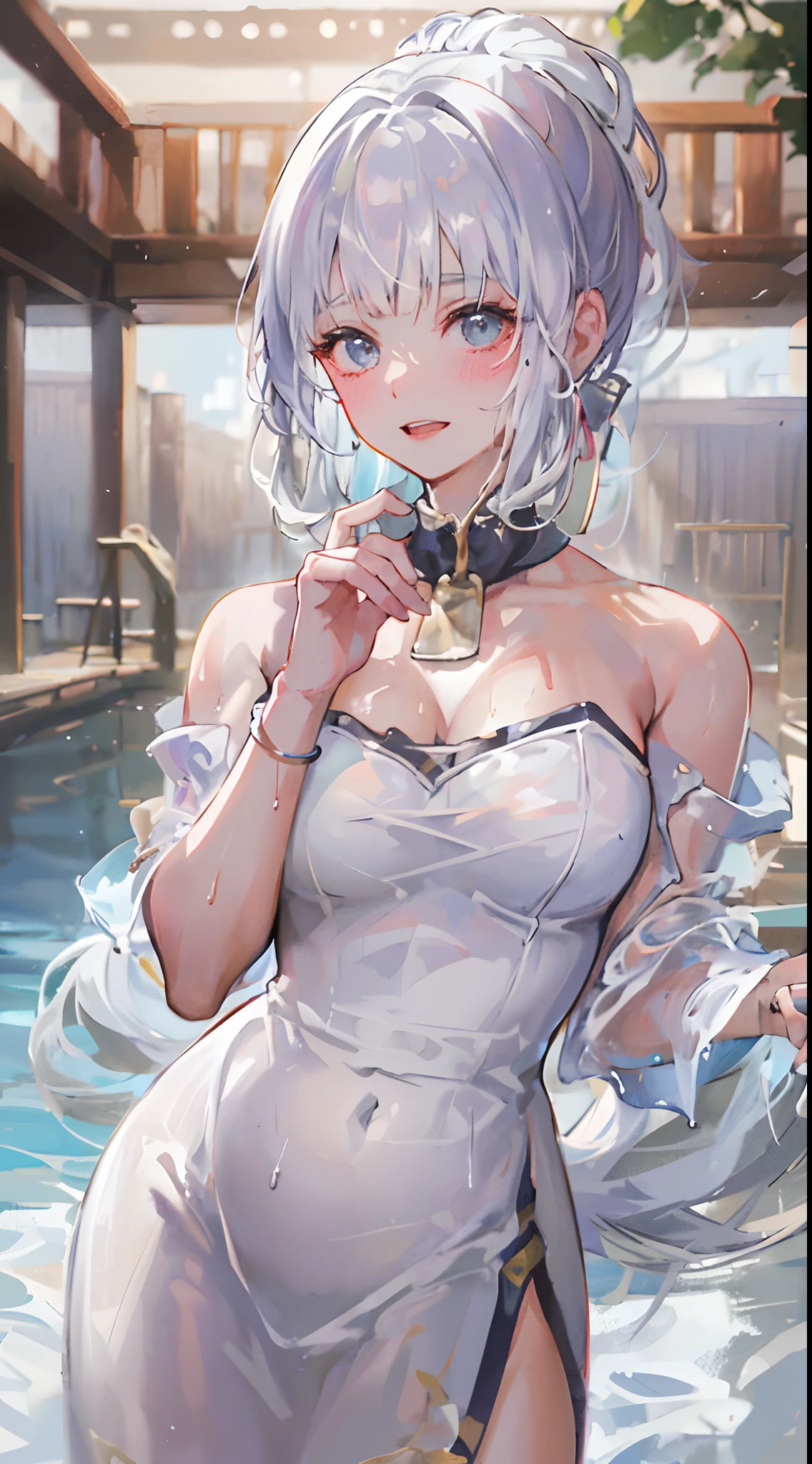 ((beautiful lighting, Best quality, 8K, Masterpiece: 1.3)), 1girl, Perfect body beauty: 1.4, Sweaty + wet skin,((white hair)), (White dress: 1.4), (onsen: 1.1), (Hot water bath), Soak, elegant,  Super Fine Face, dynamic pose , naughty look