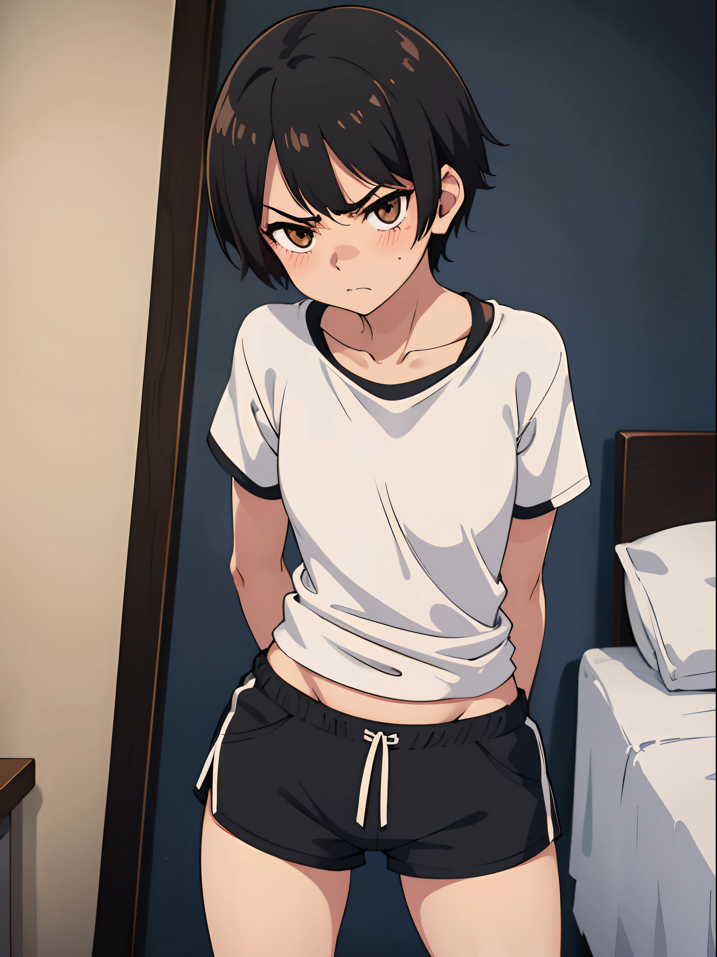 tomboy, small height, skinny, anorexic, pixie cut, black hair, short gym shorts, white shirt, light brown eyes, cute, in the bedroom, angry face, blushing