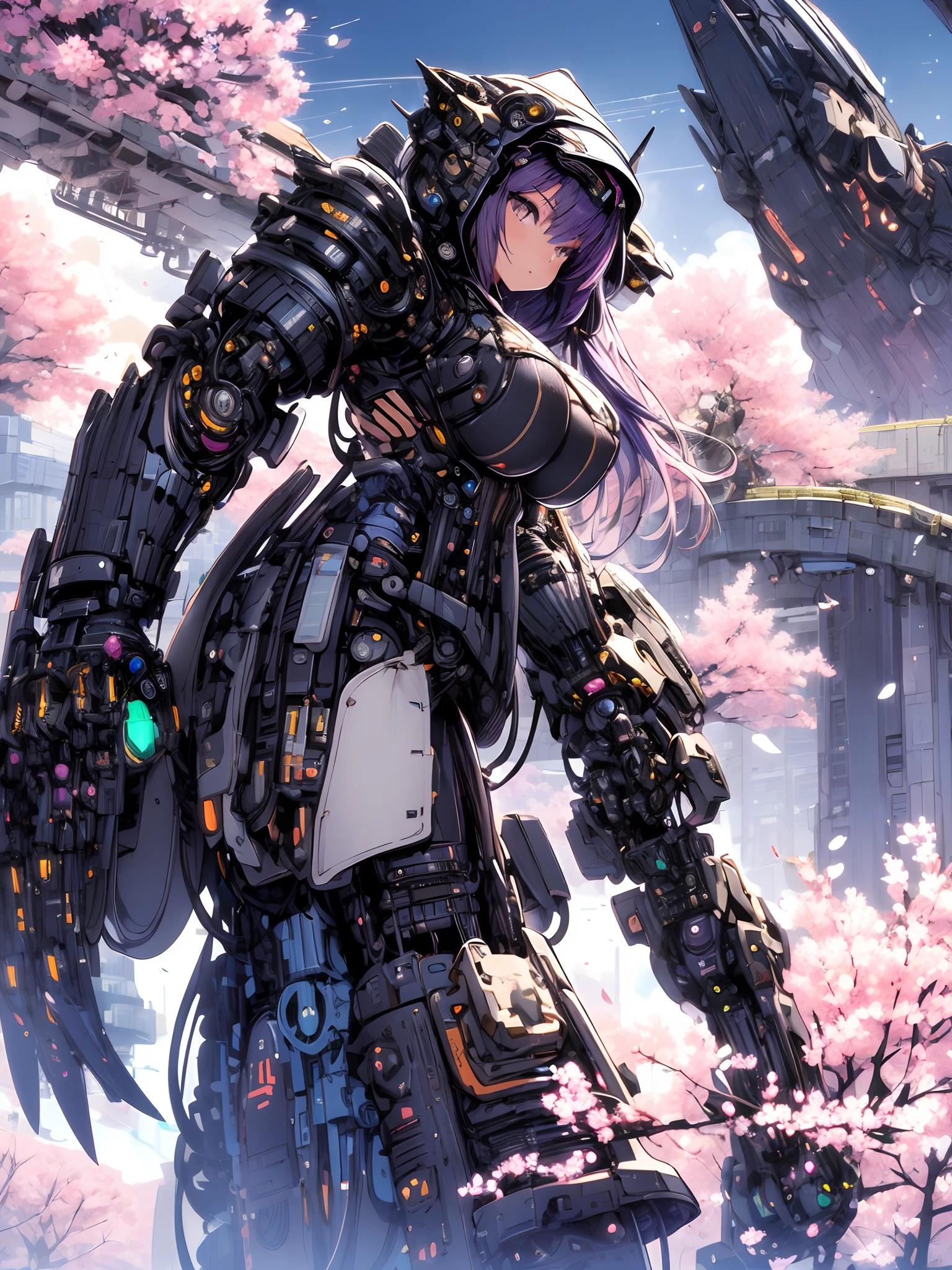 The most beautiful and sexy mecha warrior girl, purple hair, yellow eyes, wearing a highly detailed futuristic hooded mecha battle armor, mechanical angel wings, huge enormously gigantic tits, cleavage showing, tons of tattoos and piercings, in hyper futuristic city metropolis, cherry blossoms blowing in the wind, highly detailed background, absurdres, highres, ultra detailed, (cute illustration:1.5), (cute,kawaii,sweet:1.2),
(1girl:1.4), bodysuit, cyborg girl,
hyper enormously gigantic mechanical hands,dynamic pose, facing the camera 
nice hands, perfect hands, incredibly cinematic, best quality, best resolution