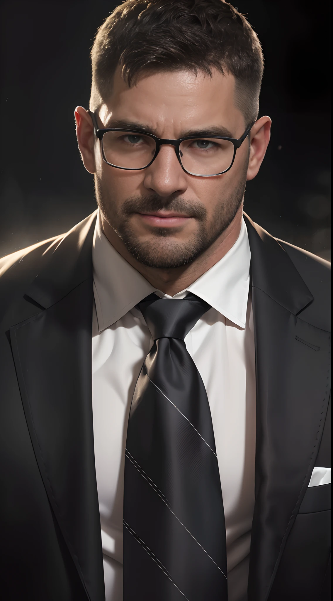 An award-winning original photo，A wild muscular man, (40 years old daddy:1.1), 1boy, Solo, (black suit), (white dress shirt), (red print necktie), (big shoulders), musculature, stubbles, Short beard, Beautiful eyes:1.3, ), (Detailed face:1.3), wearing glasses, smiles, Dynamic Angle, volumetric lighting, (Best quality, A high resolution, Photorealistic), Cinematic lighting, Masterpiece, RAW photo, Intricate details, hdr, depth of field, upper body shot