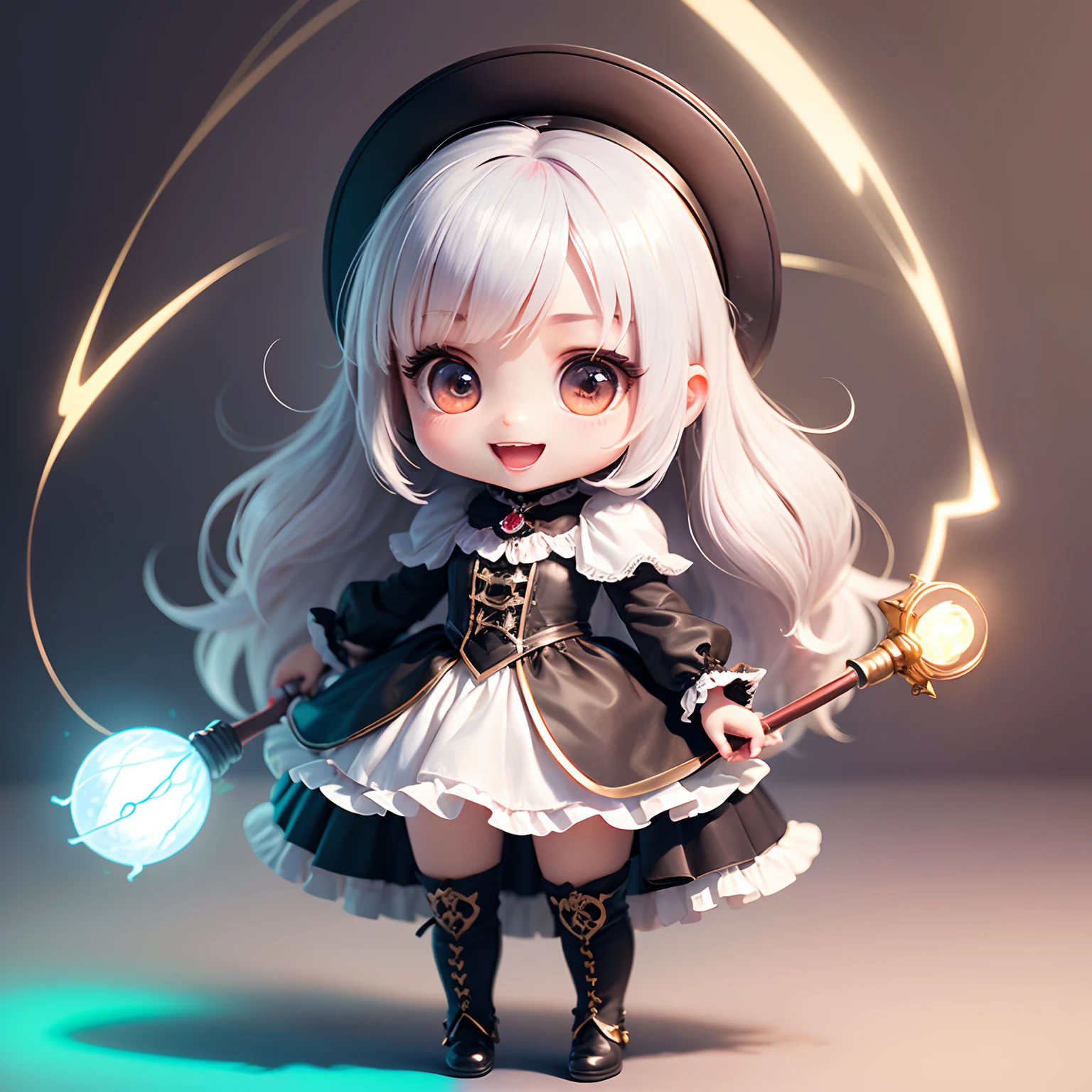 ​masterpiece、top-quality、ultra-detailliert、(Chibi Chara's Daughter:1.2)、gothic cosplay、white  hair、Open your mouth and smile、Holding a high-grade electric light plant in hand、Standing、
