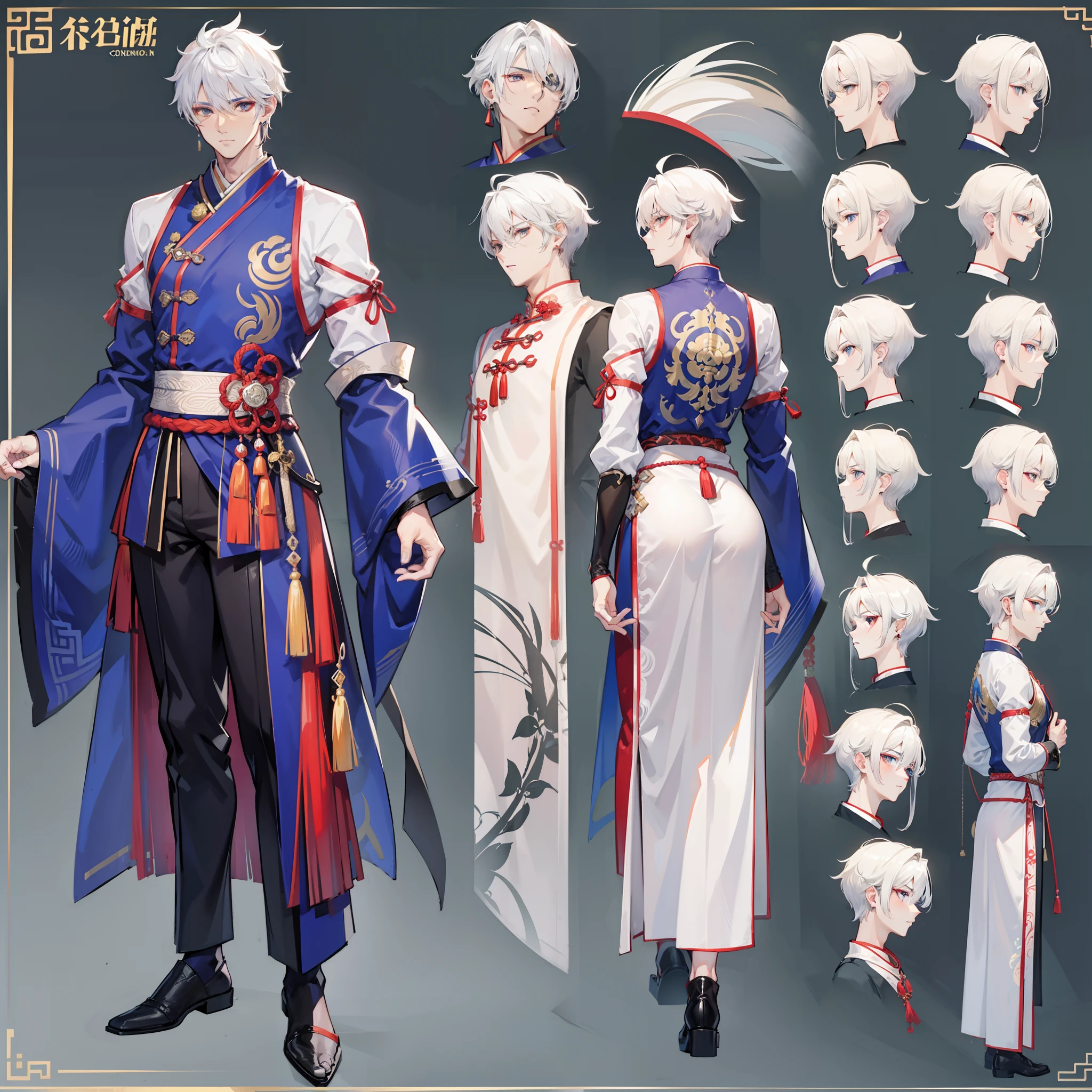Character sheet, Handsome male. Perfect face, 6 ft 5 tall man. White hair. Short hair. Grey eyes. Eyepatch. Earrings. Toned body. Muscular male, character design sheet,full bodyesbian, Full of details, body front view, body back view, Full body, front and back view, muscle body, Traditional chinese clothes. Genshin Impact. Hydro vision. Bulge in pants. Liyue, ((Masterpiece, Highest quality)), Detailed face, character design sheet, full bodyesbian, Full of details, frontal body view, back body view, Highly detailed, Depth, Many parts,