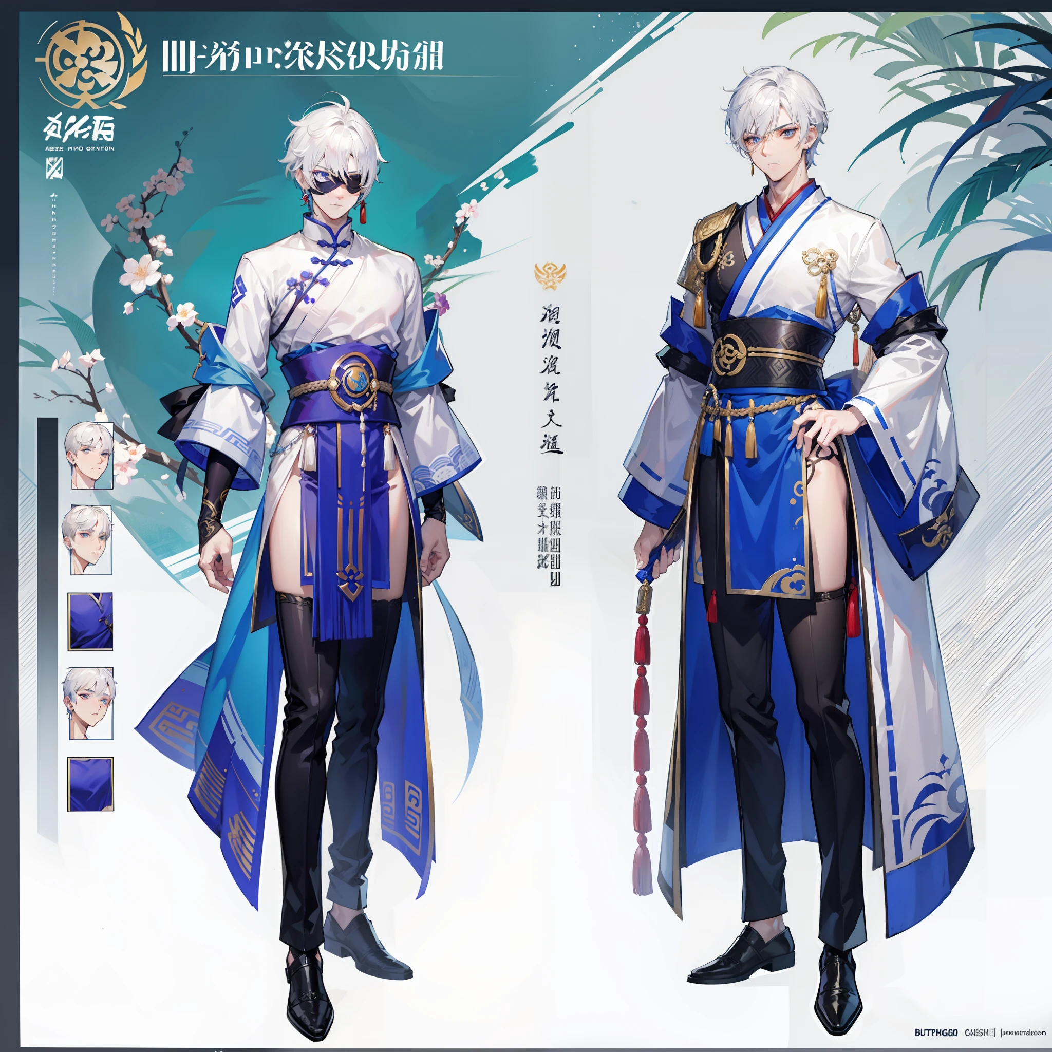 Character sheet, Handsome male. Perfect face, 6 ft 5 tall man. White hair. Short hair. Grey eyes. Eyepatch. Earrings. Toned body. Muscular male, character design sheet,full bodyesbian, Full of details, body front view, body back view, Full body, front and back view, muscle body, Traditional chinese clothes. Genshin Impact. Hydro vision. Bulge in pants. Liyue, ((Masterpiece, Highest quality)), Detailed face, character design sheet, full bodyesbian, Full of details, frontal body view, back body view, Highly detailed, Depth, Many parts,