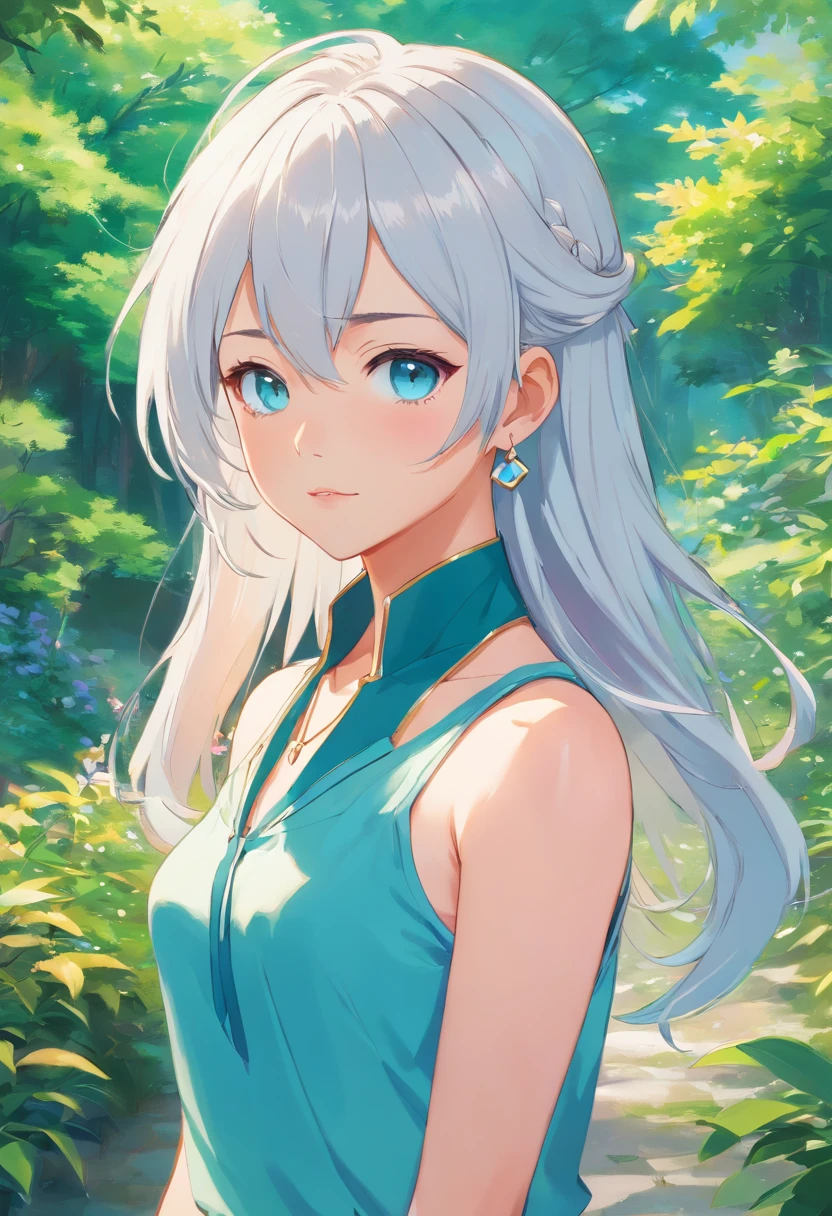 Girl in anime collar, long necklace and earrings, in the style of calm garden landscapes, Long white hair, Cyan eyes, UPPER BODY, Looking at the camera, Render, nice ass, masterpeace, Colorful animated footage, Masami Teraoka, aquamarine, Paul Gauguin, Embry Style, Honest image