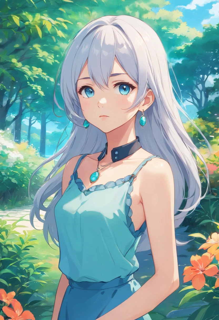 Girl in anime collar, long necklace and earrings, in the style of calm garden landscapes, Long white hair, Cyan eyes, UPPER BODY, Looking at the camera, Render, nice ass, masterpeace, Colorful animated footage, Masami Teraoka, aquamarine, Paul Gauguin, Embry Style, Honest image