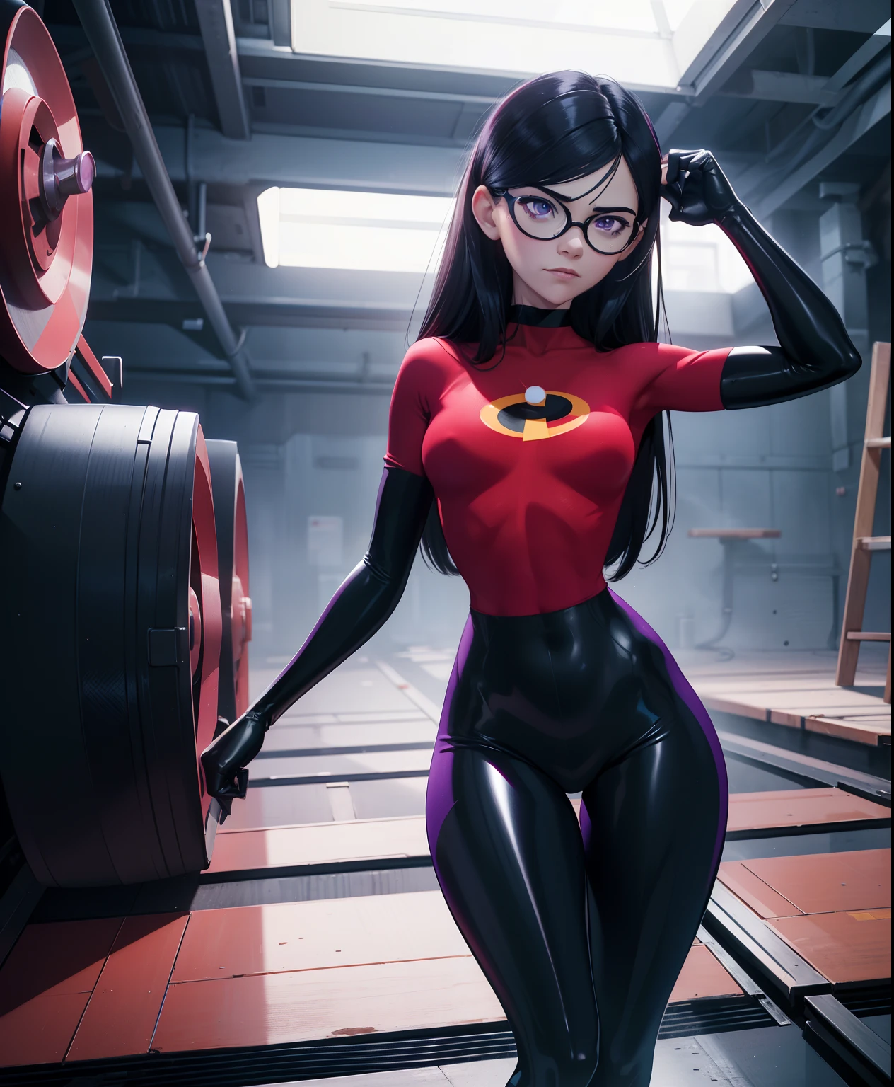 The generated prompt can be："violet parr,latex outfit,long black hair,vivid purple eyes,smoky makeup,big round butt,perfectly sculpted abs,(best quality,4k,8k,highres,masterpiece:1.2),ultra-detailed,(realistic,photorealistic,photo-realistic:1.37),portrait,dark and moody lighting,vivid color grading".

Please note，I arranged the labels in order from highest to lowest，And try to describe the picture in detail。No descriptive sentences or sentences were added。