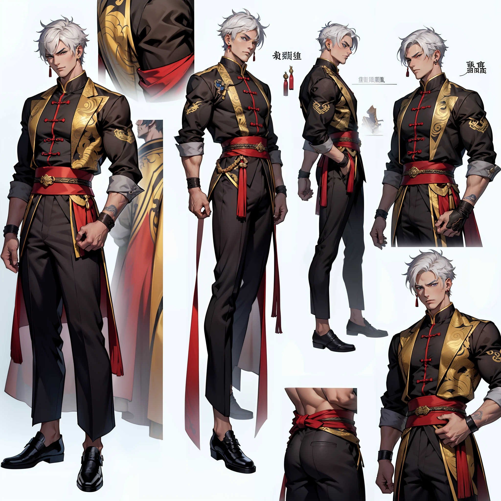 Character sheet, Handsome male. Perfect face, 6 ft 5 tall man. White hair. Short hair. Grey eyes. Eyepatch. Earrings. Toned body. Muscular male, character design sheet，full bodyesbian, Full of details, body front view, body back view,  Full body, front and back view, muscle body, Traditional chinese clothes. Genshin Impact. Hydro vision. Bulge in pants. Liyue, ((Masterpiece, Highest quality)), Detailed face, character design sheet， full bodyesbian, Full of details, frontal body view, back body view, Highly detailed, Depth, Many parts,