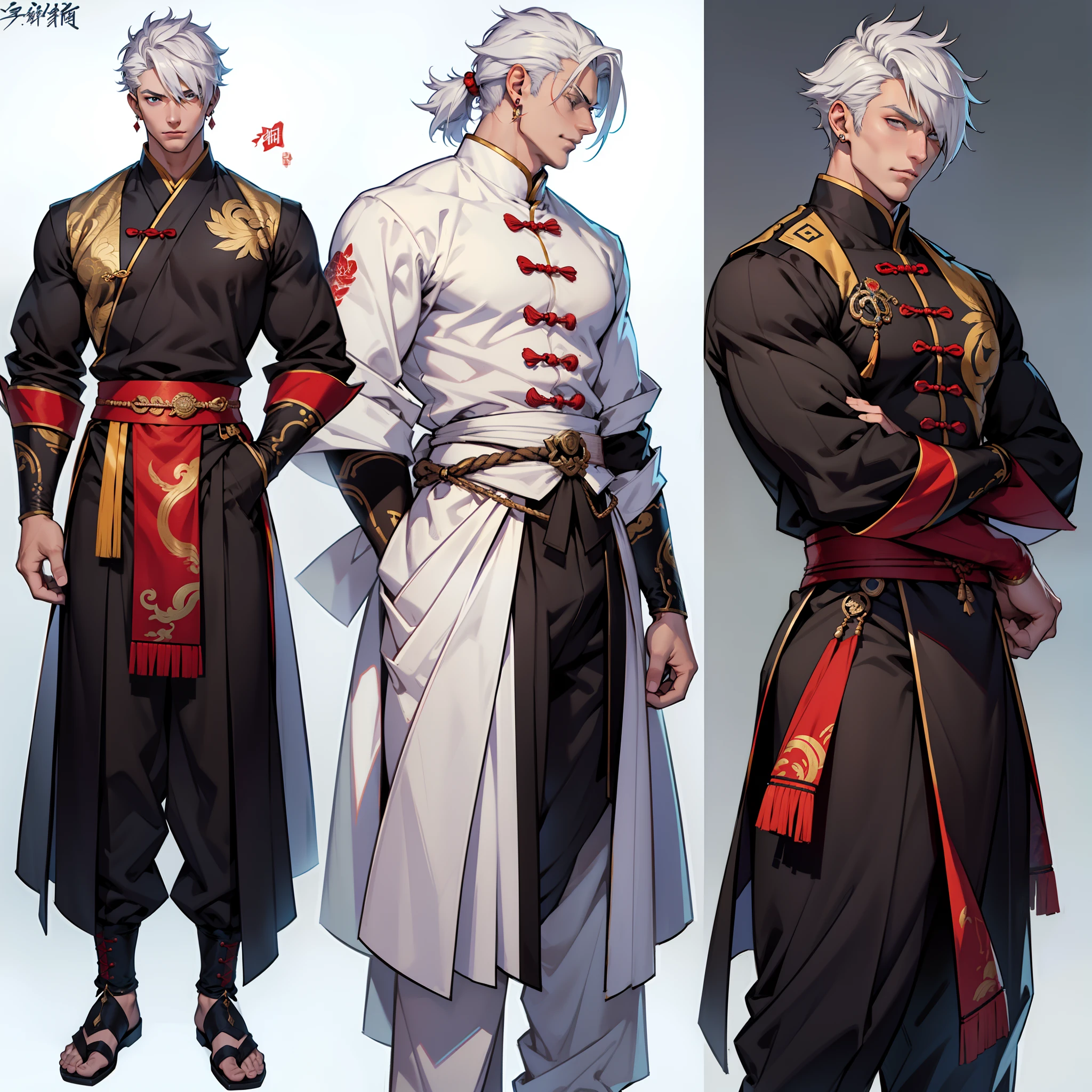 Character sheet, Handsome male. Perfect face, 6 ft 5 tall man. White hair. Short hair. Grey eyes. Eyepatch. Earrings. Toned body. Muscular male, character design sheet，full bodyesbian, Full of details, body front view, body back view,  Full body, front and back view, muscle body, Traditional chinese clothes. Genshin Impact. Hydro vision. Bulge in pants. Liyue, ((Masterpiece, Highest quality)), Detailed face, character design sheet， full bodyesbian, Full of details, frontal body view, back body view, Highly detailed, Depth, Many parts,