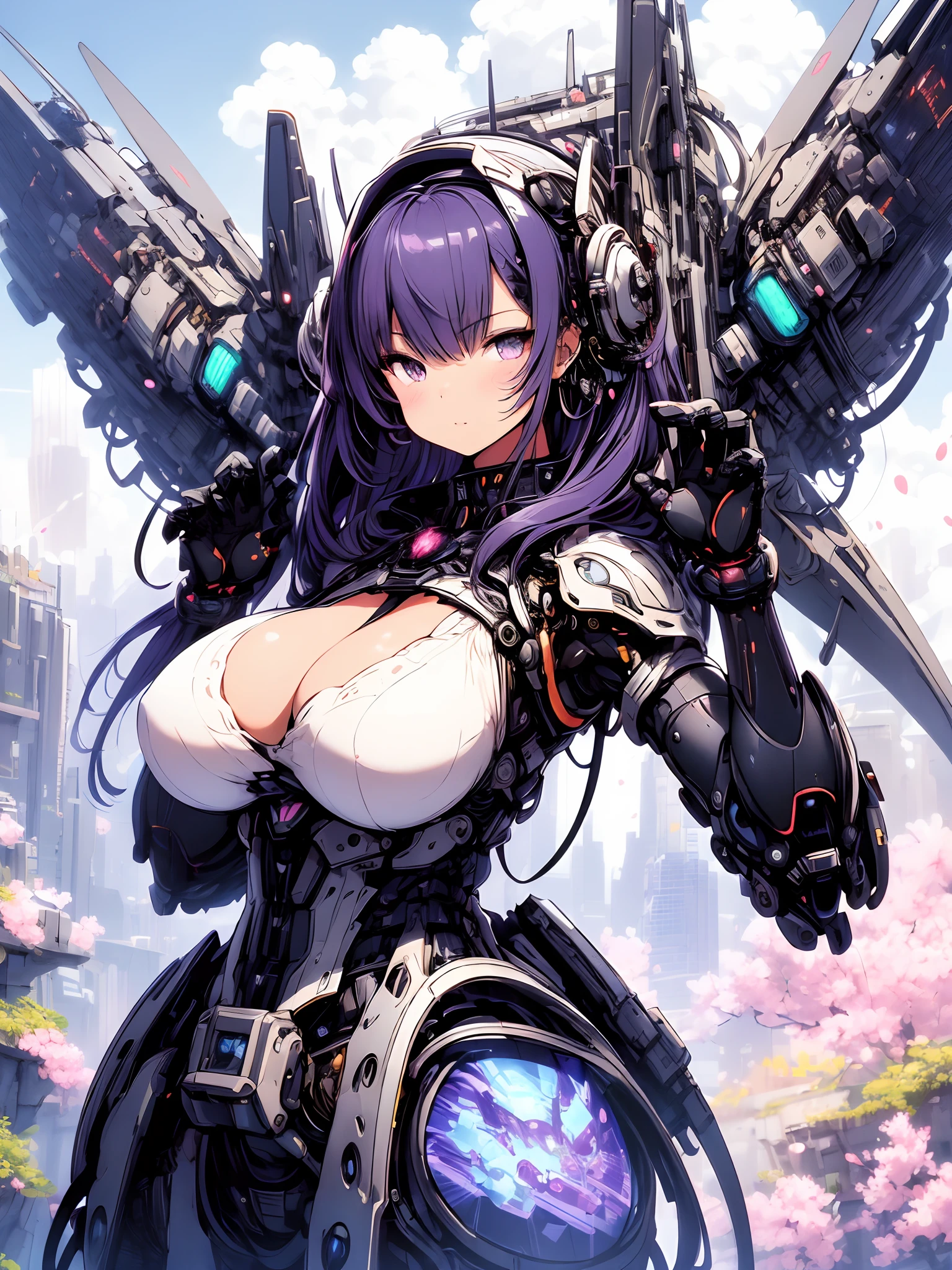 The most beautiful and sexy mecha warrior girl, purple hair, yellow eyes, wearing a highly detailed futuristic hooded mecha battle armor, mechanical angel wings, huge enormously gigantic tits, cleavage showing, tons of tattoos and piercings, in hyper futuristic city metropolis, cherry blossoms blowing in the wind, highly detailed background, absurdres, highres, ultra detailed, (cute illustration:1.5), (cute,kawaii,sweet:1.2),
(1girl:1.4), bodysuit, cyborg girl,
hyper enormously gigantic mechanical hands,dynamic pose, facing the camera
nice hands, perfect hands, incredibly cinematic, best quality, best resolution