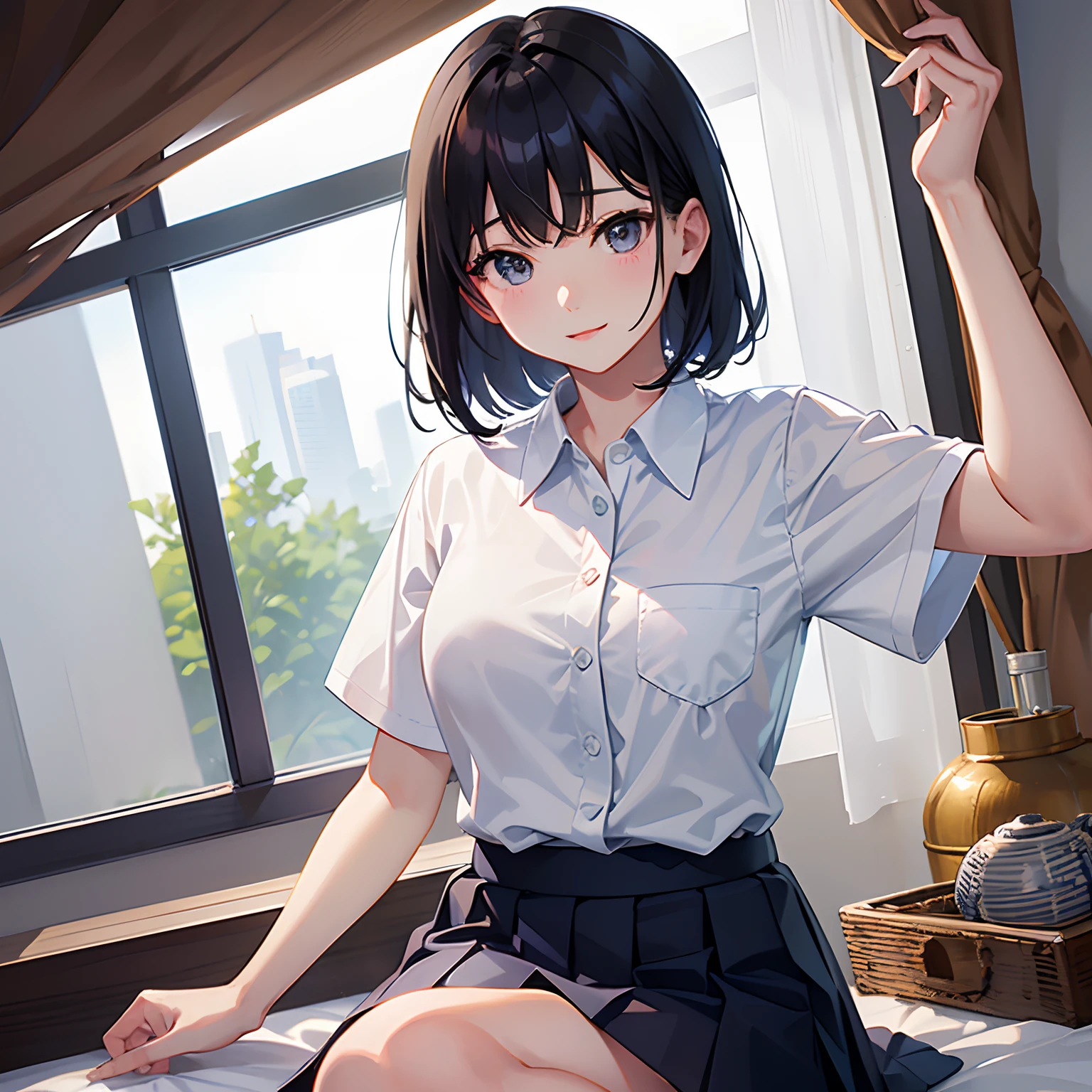 japanaese girl、1人, ( White collared shirt:1.3), shortsleeves, Dark blue pleated skirt、The upper part of the body_Body, Office, Medium hair , (High color saturation:1.0), (highlydetailed skin), (Best Quality:1.0), (超A high resolution:1.0) ,(photographrealistic:1.0), (ultra-detailliert:1.0), (8K, Raw photo:1.1), (Smile, Looking at Viewer:1),(nffsw:1.0)、Cute black-haired junior high school student