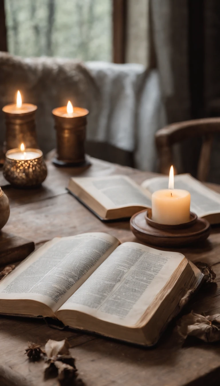 A wide angel professional portrait Old bible opened on the rustic old table with light candle on the side, cinematic photographb, Sigma 50mm f/1.4 DG HSM Art Lens, by Myles Loftin