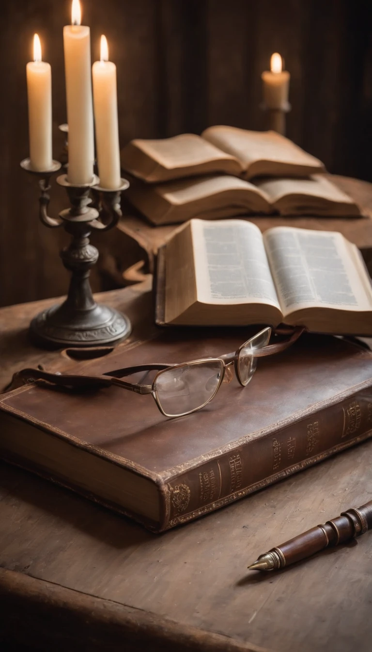 A wide angel professional portrait Old bible opened on the rustic old table with light candle on the side, cinematic photographb, Sigma 50mm f/1.4 DG HSM Art Lens, by Myles Loftin