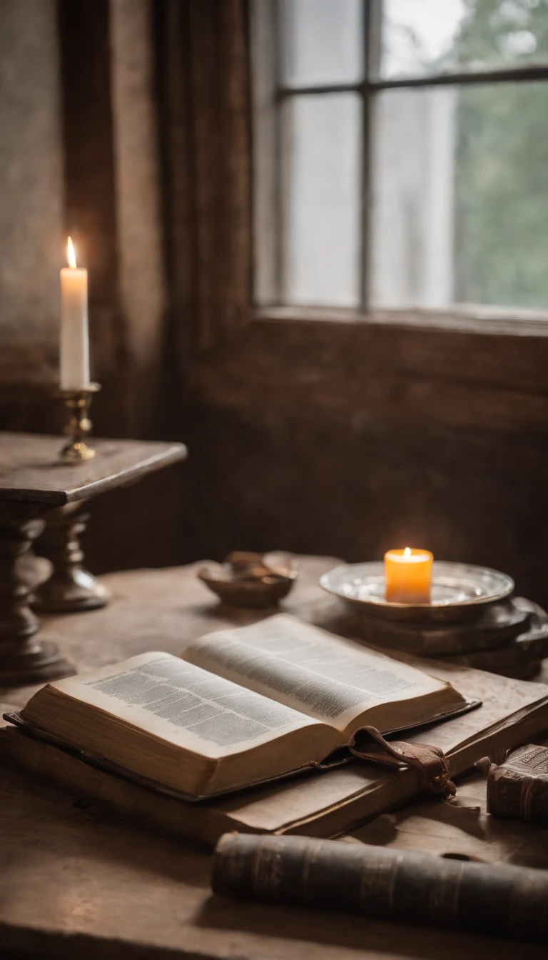A wide angel professional portrait Old bible opened on the rustic old table with light candle on the side, cinematic photographb, Sigma 50mm f/1.4 DG HSM Art Lens, by Myles Loftin