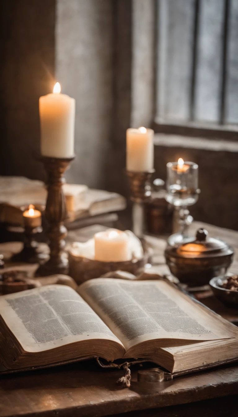 A wide angel professional portrait Old bible opened on the rustic old table with light candle on the side, cinematic photographb, Sigma 50mm f/1.4 DG HSM Art Lens, by Myles Loftin