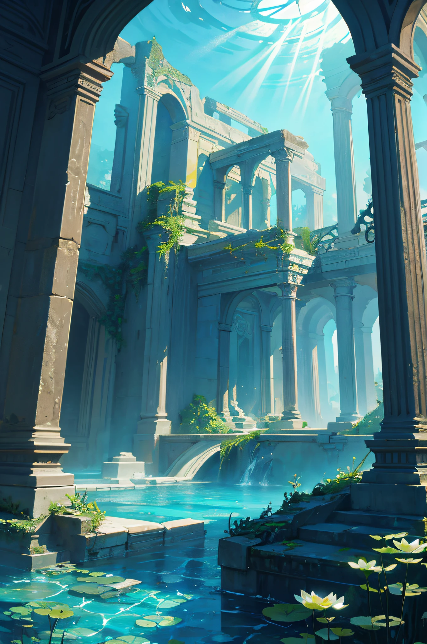 masterpiece, best quality, (underwater world), lotus leaves, beautiful lighting, atlantis, ruins, cinematic, landscape, (no human) hd