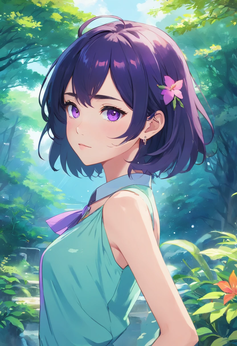 Girl in anime collar, long necklace and earrings, in the style of calm garden landscapes, short black hair with purple strands on the inside, curly hair, kblack eyes, purple pupils, Sullen look, upper-body, looking at the camera, Render, nice ass, masterpeace, Colorful animated footage, Masami Teraoka, aquamarine, Paul Gauguin, Embry Style, Honest image