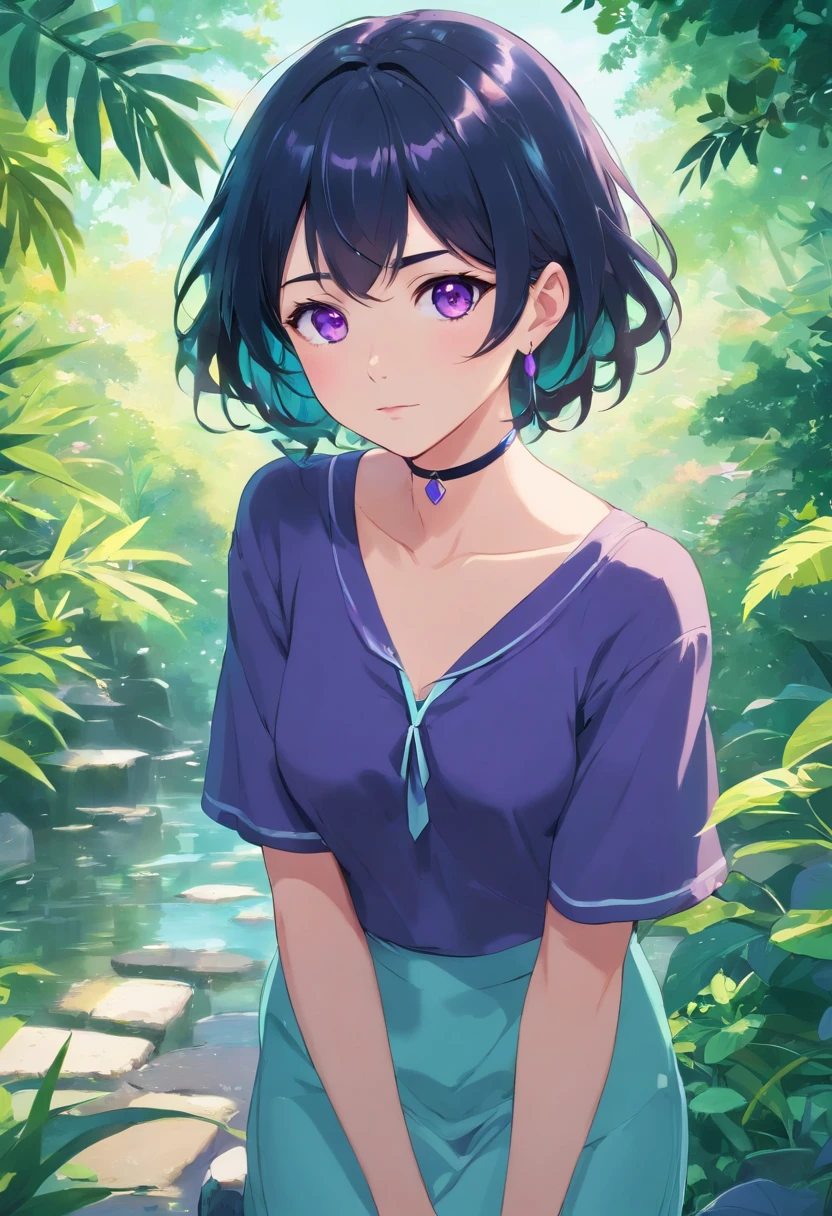 Girl in anime collar, long necklace and earrings, in the style of calm garden landscapes, short black hair with purple strands on the inside, curly hair, kblack eyes, purple pupils, Sullen look, upper-body, looking at the camera, Render, nice ass, masterpeace, Colorful animated footage, Masami Teraoka, aquamarine, Paul Gauguin, Embry Style, Honest image