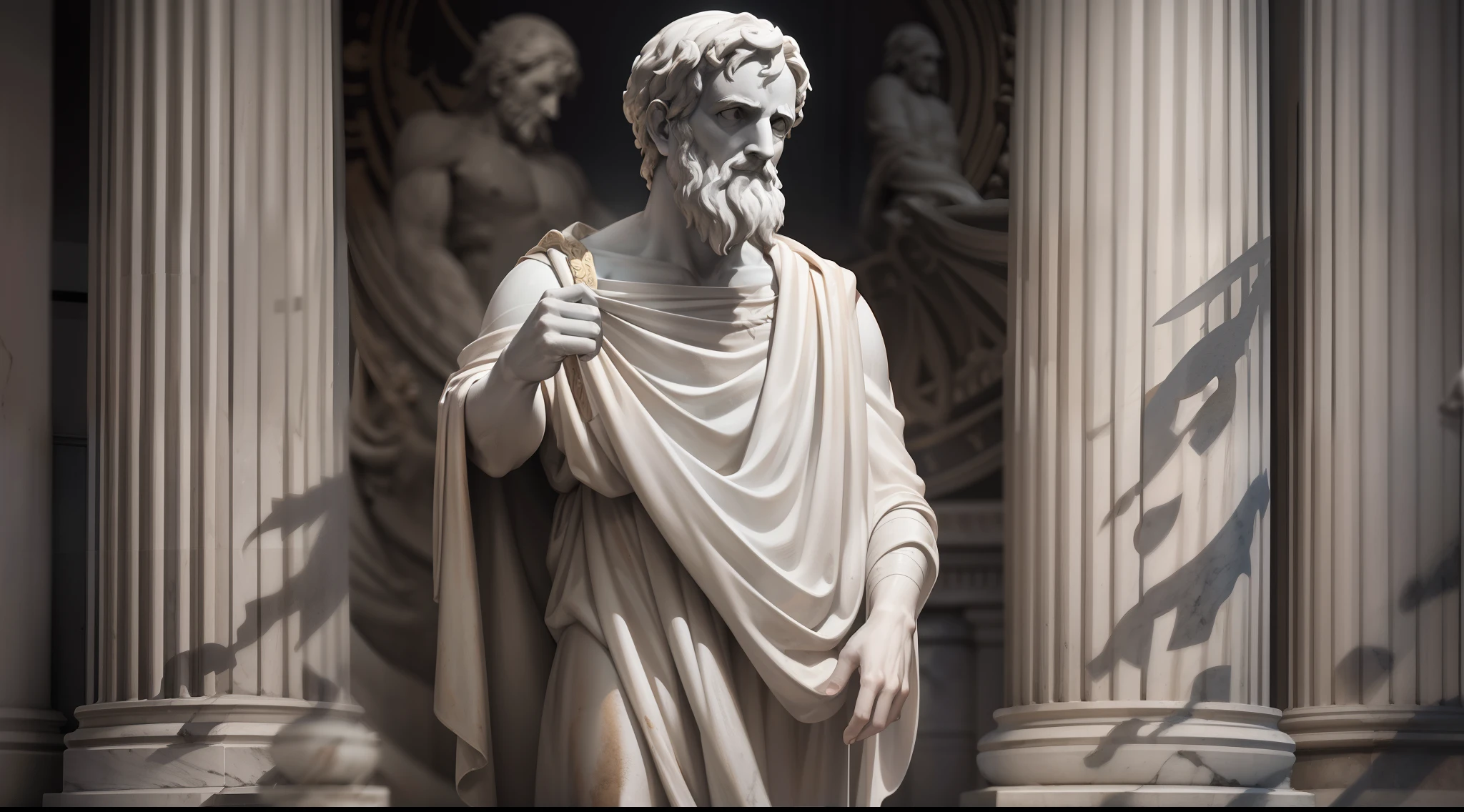 A realistic Greek white marble statue of aristotle brave scary detailed wearing a ghostly toga, fundo neutro, Moody, , fotorrealista, Scary Movie Dinner, super detalhada, hiper realista, luzes brilhantes, 8 K