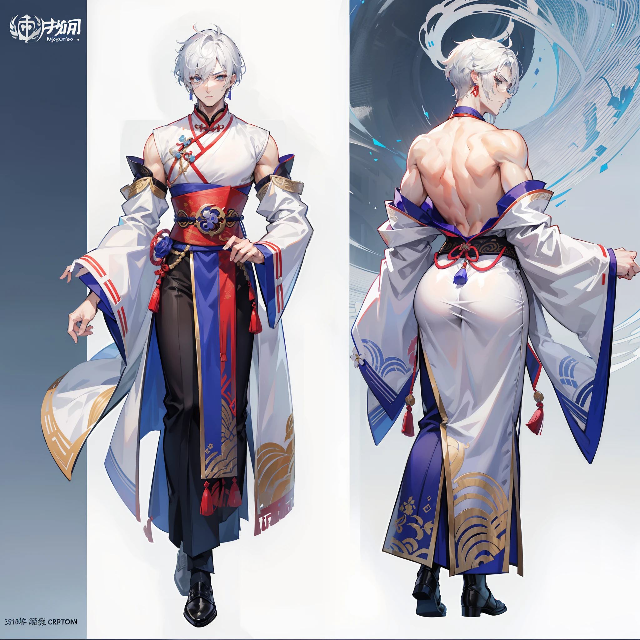 Character sheet, Handsome male. Perfect face, 6 ft 5 tall man. White hair. Short hair. Grey eyes. Eyepatch. Earrings. Toned body. Muscular male, character design sheet，full bodyesbian, Full of details, body front view, body back view,  Full body, front and back view, muscle body, Traditional chinese clothes. Genshin Impact. Hydro vision. Bulge in pants. Liyue, ((Masterpiece, Highest quality)), Detailed face, character design sheet， full bodyesbian, Full of details, frontal body view, back body view, Highly detailed, Depth, Many parts,
