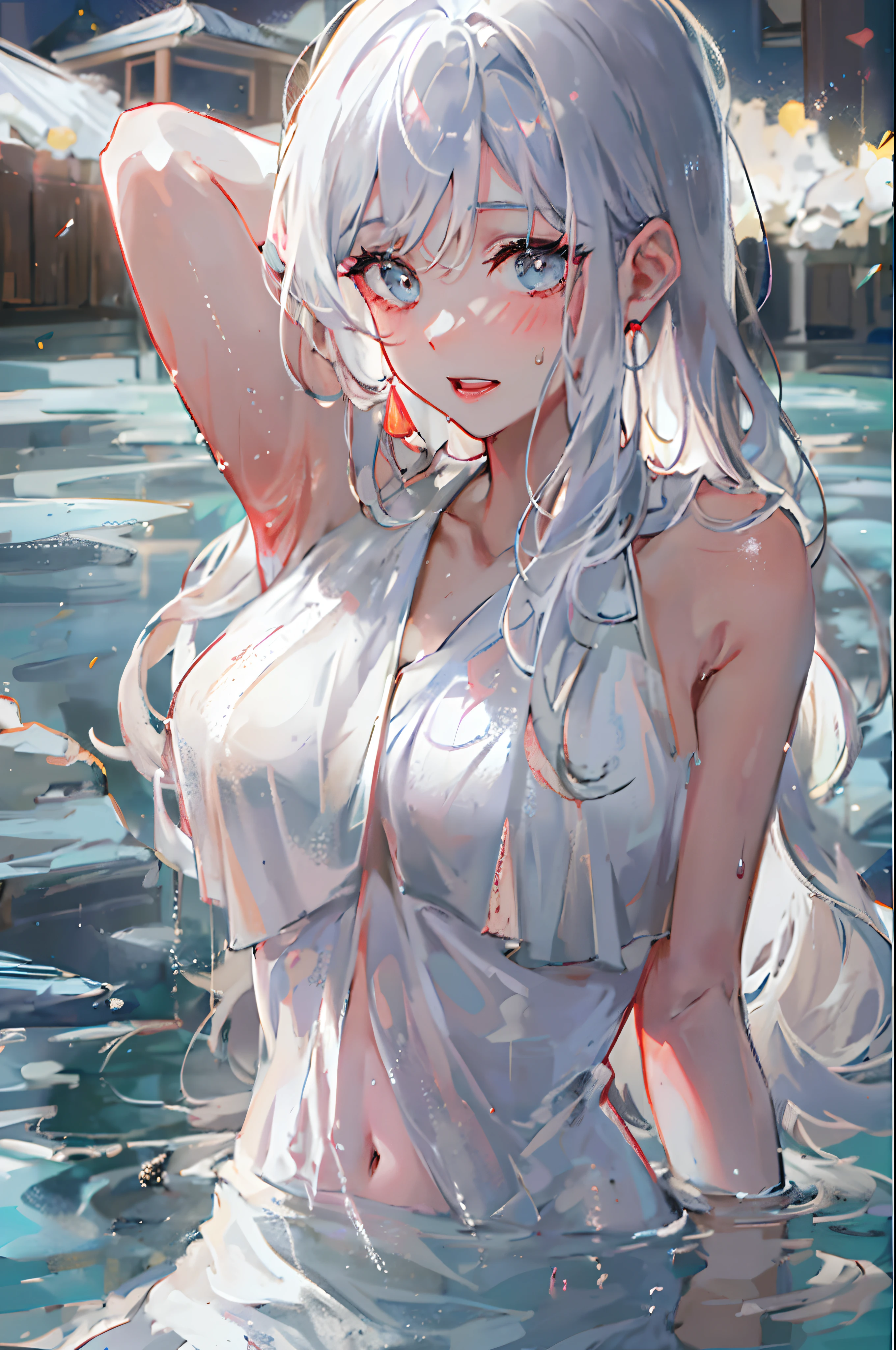 (masterpiece, highres, best quality, ultra detailed, detailed background, cinematic lighting:1.2), (beautiful detailed face, detailled eyes), pool, sunset, 1girl, long hair, white silver hair, straight hair, bangs, swept bangs, medium breasts, perky breasts, toned, red eyes, casual one-piece swimsuit, competition swimsuit, wet, wet hair, wet swimsuit, water drop, shiny skin, shiny lips, sexually suggestive, perfect body,fox ears,(( blush on)),lying on ,open air