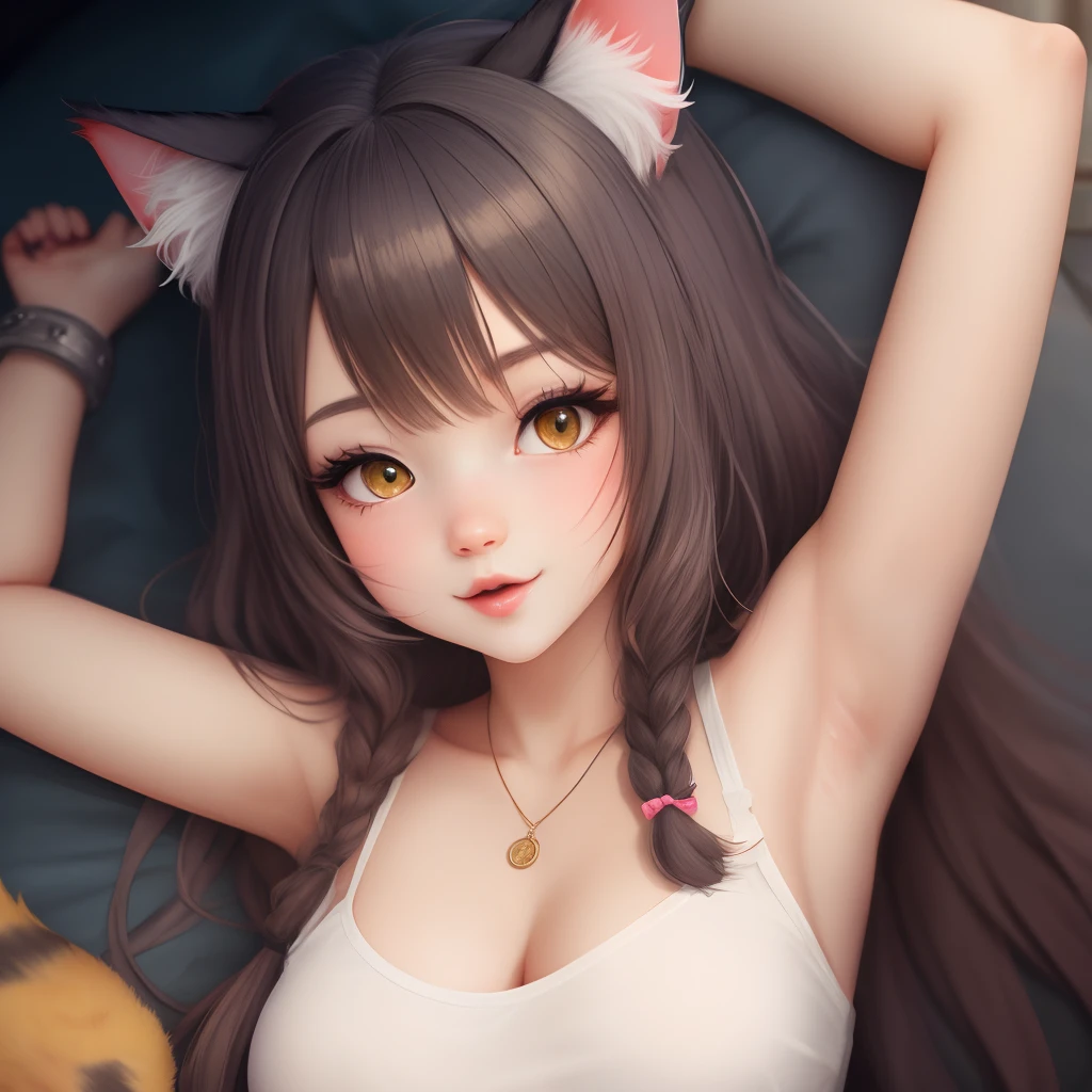 "Masterpiece, high quality, detailed, high resolution, 4k, 8k, realistic skin texture, amazing shadows, perfect lighting, anime" A woman (dark hair, fair skin, choker, black cat cosplay, brown eyes, outlined eyes, small breasts), cosplaying in a bedroom, get down on all fours