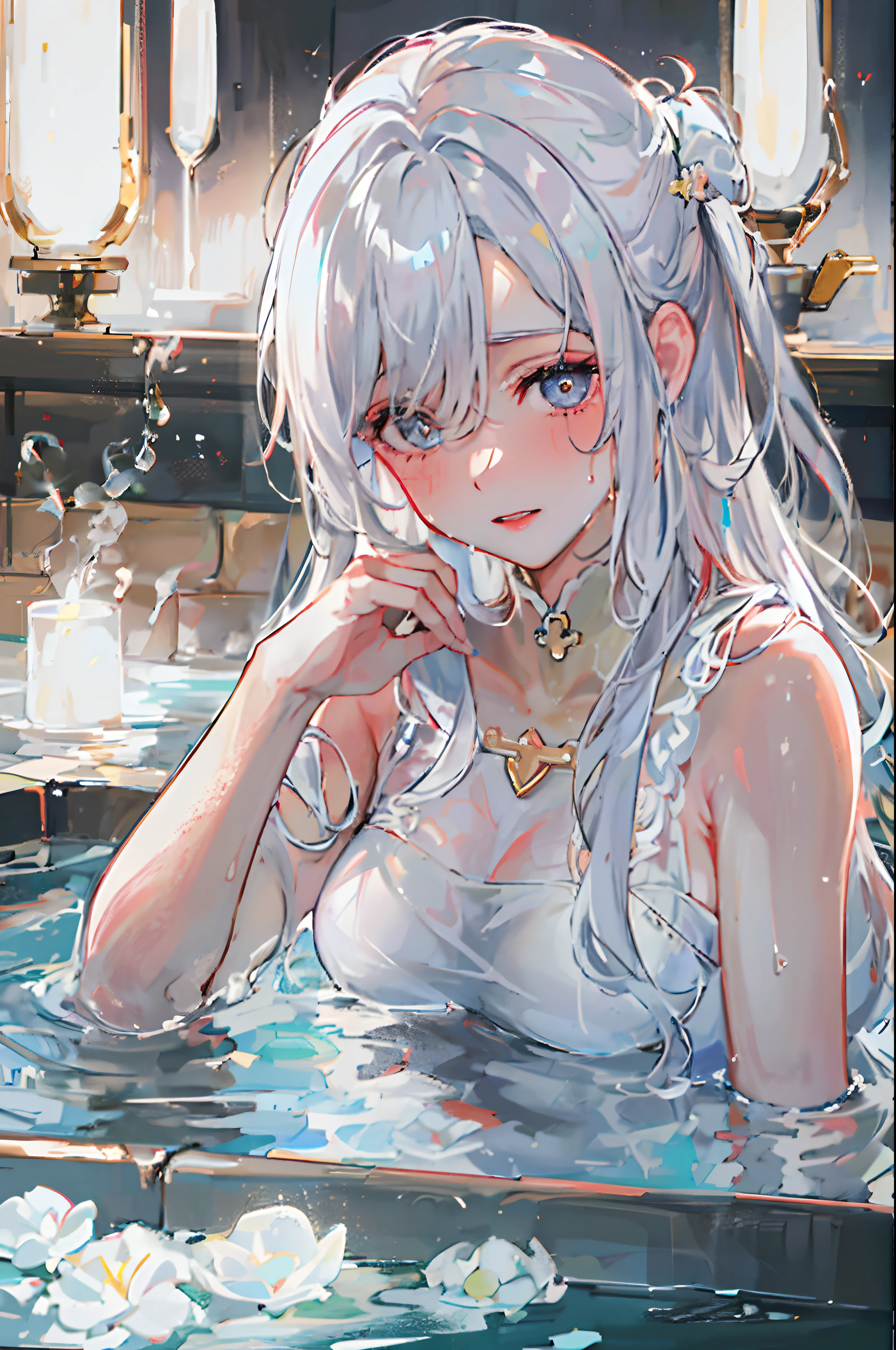 nsfw, completely nude , cumbath, masterpiece, best quality, 1girl, solo, white hair, red eyes, huge breasts, teen, narrow waist, wide hips, toned, hourglass body shape, smug, jacuzzi, terrace, night, sea, wine glass, come hither, looking at viewer, inviting