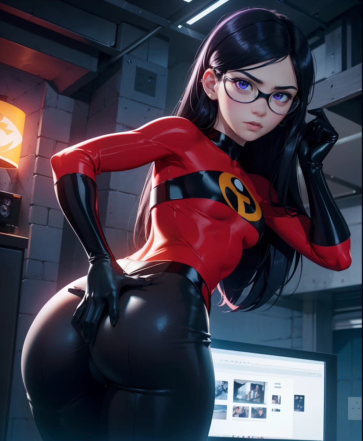 The generated prompt can be："violet parr,latex outfit,long black hair,vivid purple eyes,smoky makeup,big round butt,perfectly sculpted abs,(best quality,4k,8k,highres,masterpiece:1.2),ultra-detailed,(realistic,photorealistic,photo-realistic:1.37),portrait,dark and moody lighting,vivid color grading".

Please note，I arranged the labels in order from highest to lowest，And try to describe the picture in detail。No descriptive sentences or sentences were added。