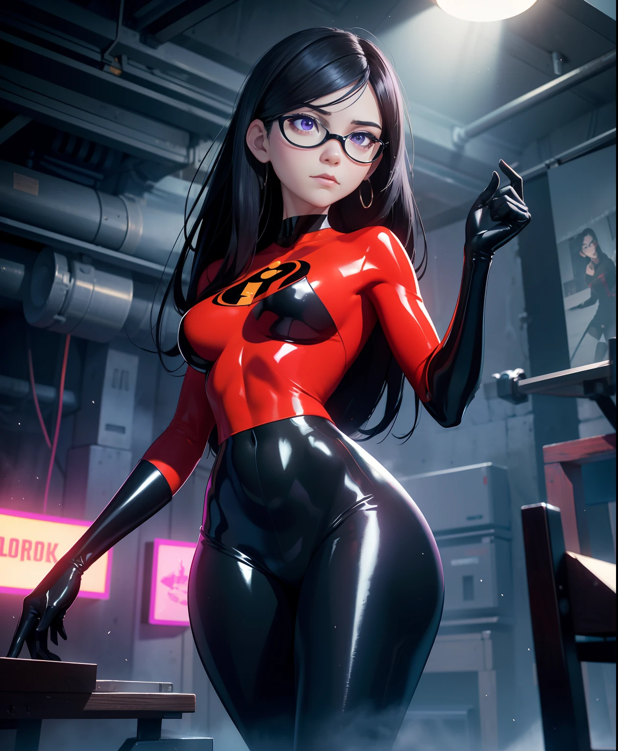 The generated prompt can be："violet parr,latex outfit,long black hair,vivid purple eyes,smoky makeup,big round butt,perfectly sculpted abs,(best quality,4k,8k,highres,masterpiece:1.2),ultra-detailed,(realistic,photorealistic,photo-realistic:1.37),portrait,dark and moody lighting,vivid color grading".

Please note，I arranged the labels in order from highest to lowest，And try to describe the picture in detail。No descriptive sentences or sentences were added。