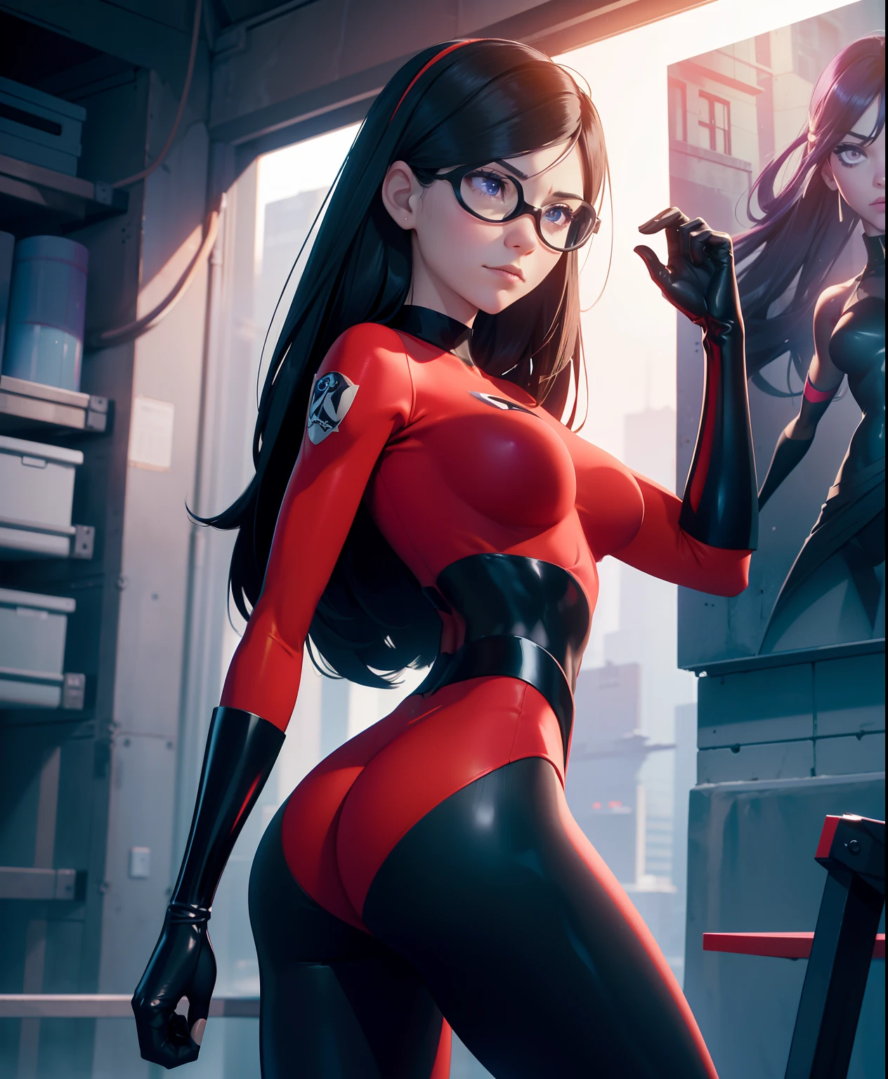 The generated prompt can be："violet parr,latex outfit,long black hair,vivid purple eyes,smoky makeup,big round butt,perfectly sculpted abs,(best quality,4k,8k,highres,masterpiece:1.2),ultra-detailed,(realistic,photorealistic,photo-realistic:1.37),portrait,dark and moody lighting,vivid color grading".

Please note，I arranged the labels in order from highest to lowest，And try to describe the picture in detail。No descriptive sentences or sentences were added。