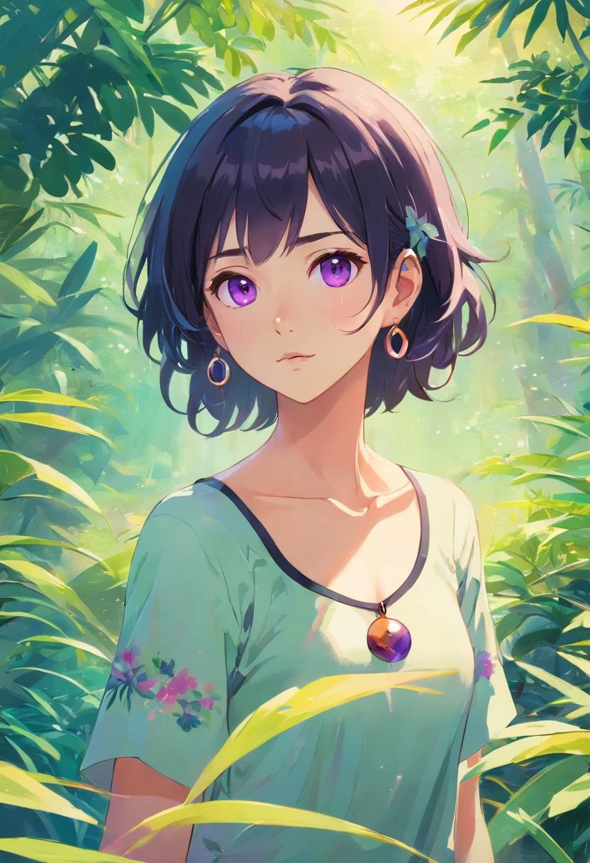 Girl in anime collar, long necklace and earrings, in the style of calm garden landscapes, short black hair with purple strands on the inside, curly hair, kblack eyes, Sullen look, upper-body, looking at the camera, Render, nice ass, masterpeace, Colorful animated footage, Masami Teraoka, aquamarine, Paul Gauguin, Embry Style, Honest image