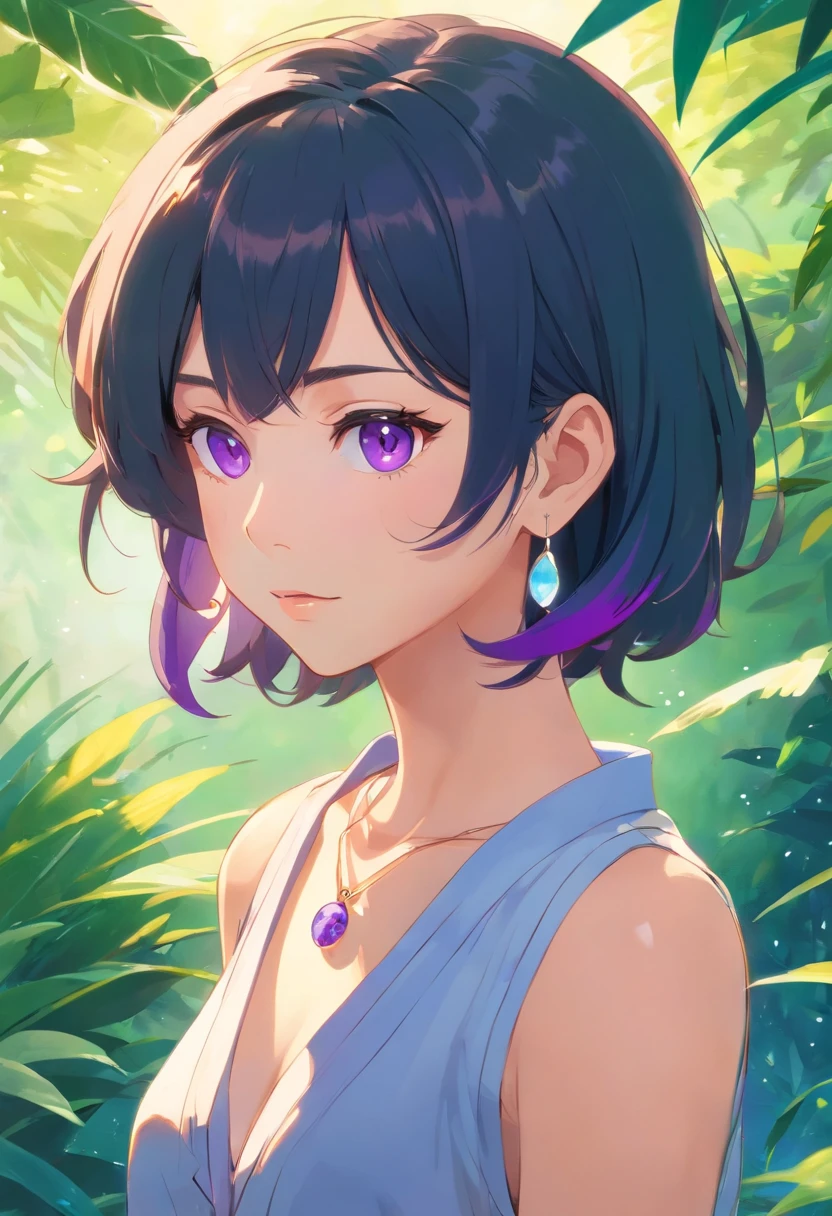 Girl in anime collar, long necklace and earrings, in the style of calm garden landscapes, short black hair with purple strands on the inside, curly hair, kblack eyes, Sullen look, upper-body, looking at the camera, Render, nice ass, masterpeace, Colorful animated footage, Masami Teraoka, aquamarine, Paul Gauguin, Embry Style, Honest image