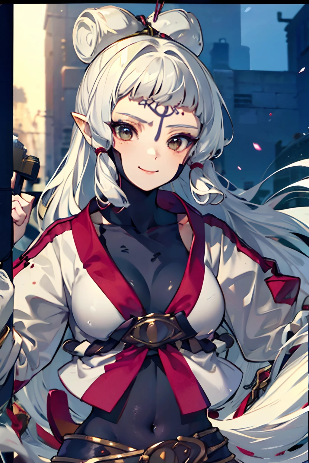 Illustration, UHD, retina, masterpiece, accurate, anatomically correct, super detail, high details, high quality, award winning, best quality, highres, good anatomy, 1080P, HD, 4K, 8k, 16k, 1girl, dynamic pose, androgynous, upper body potrait, detailed eyes, detailed clothes, detailed hair, rendering, 5 fingers, Nice legs, potrait, Aidalro, cute waifu, Smug facial expression, smiling, long white hair, chopped bangs, locks, long white hair