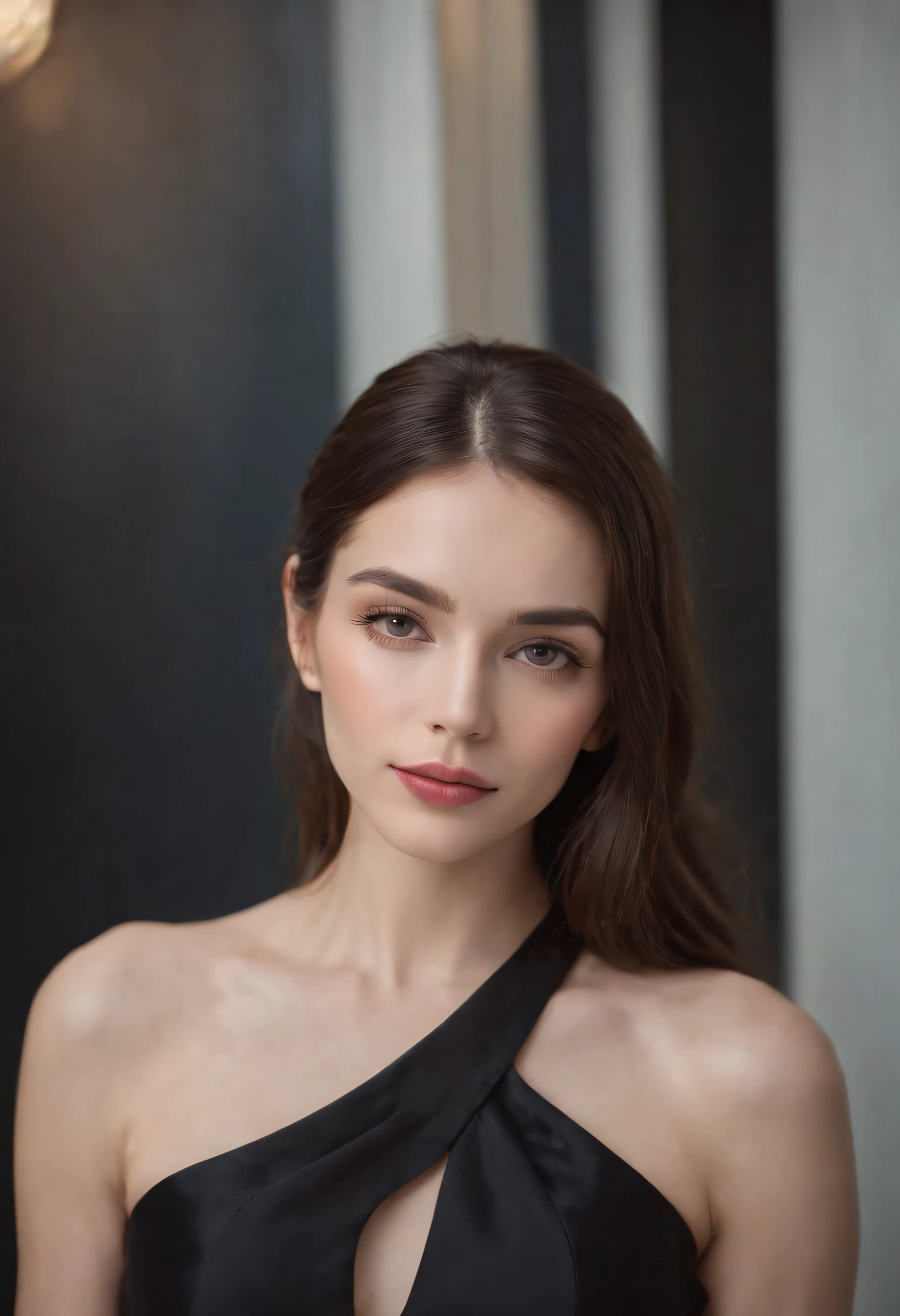 Beautiful woman in black dress with elegant and cool style, stand, high quality, light reflection