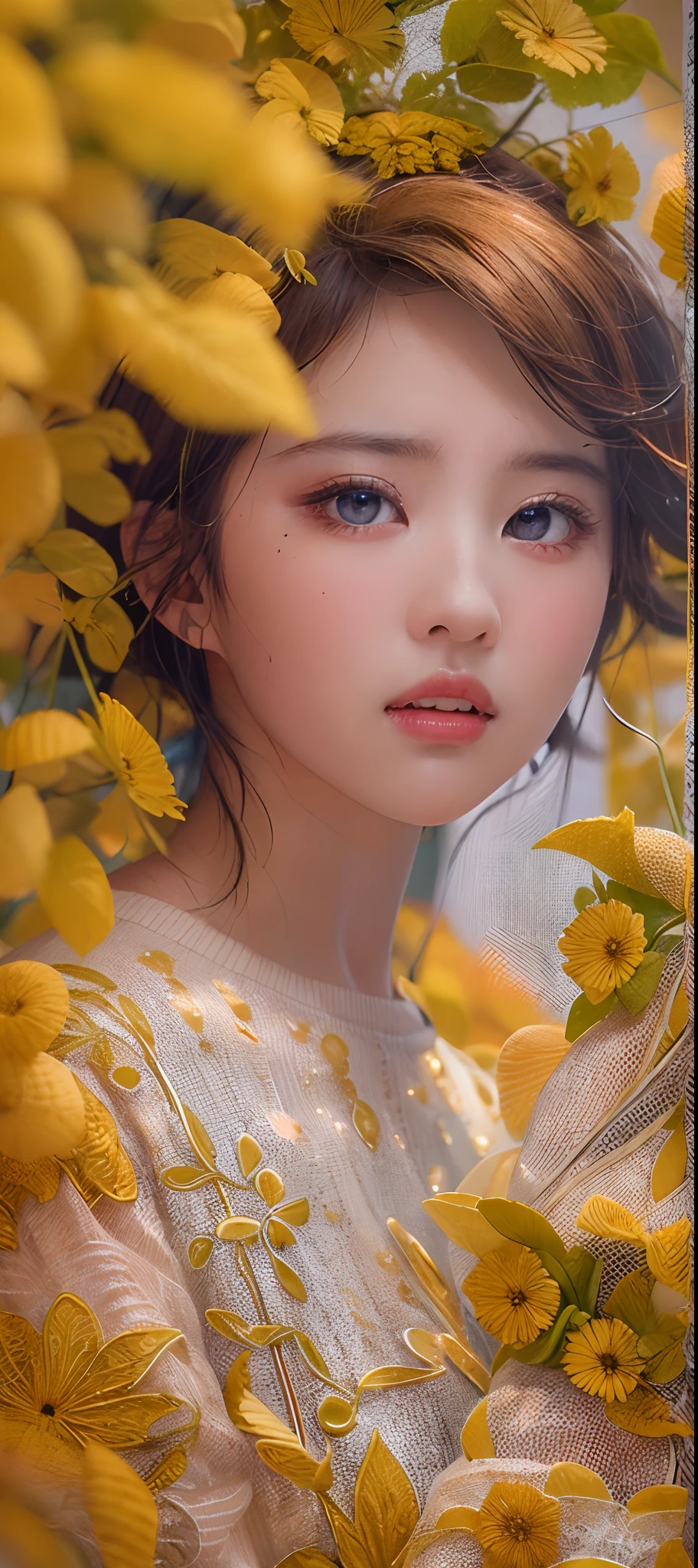 masutepiece, Best quality, (1womanl), Ultra-detailed, finedetail, A high resolution, 8K picture quality, hyper HD, Perfect dynamic composition, Beautiful detailed eyes, Natural lips, Orange and white floral knitted dress, extra very short hair, abstract backgrounds, is shy, Diffused neon in the background,