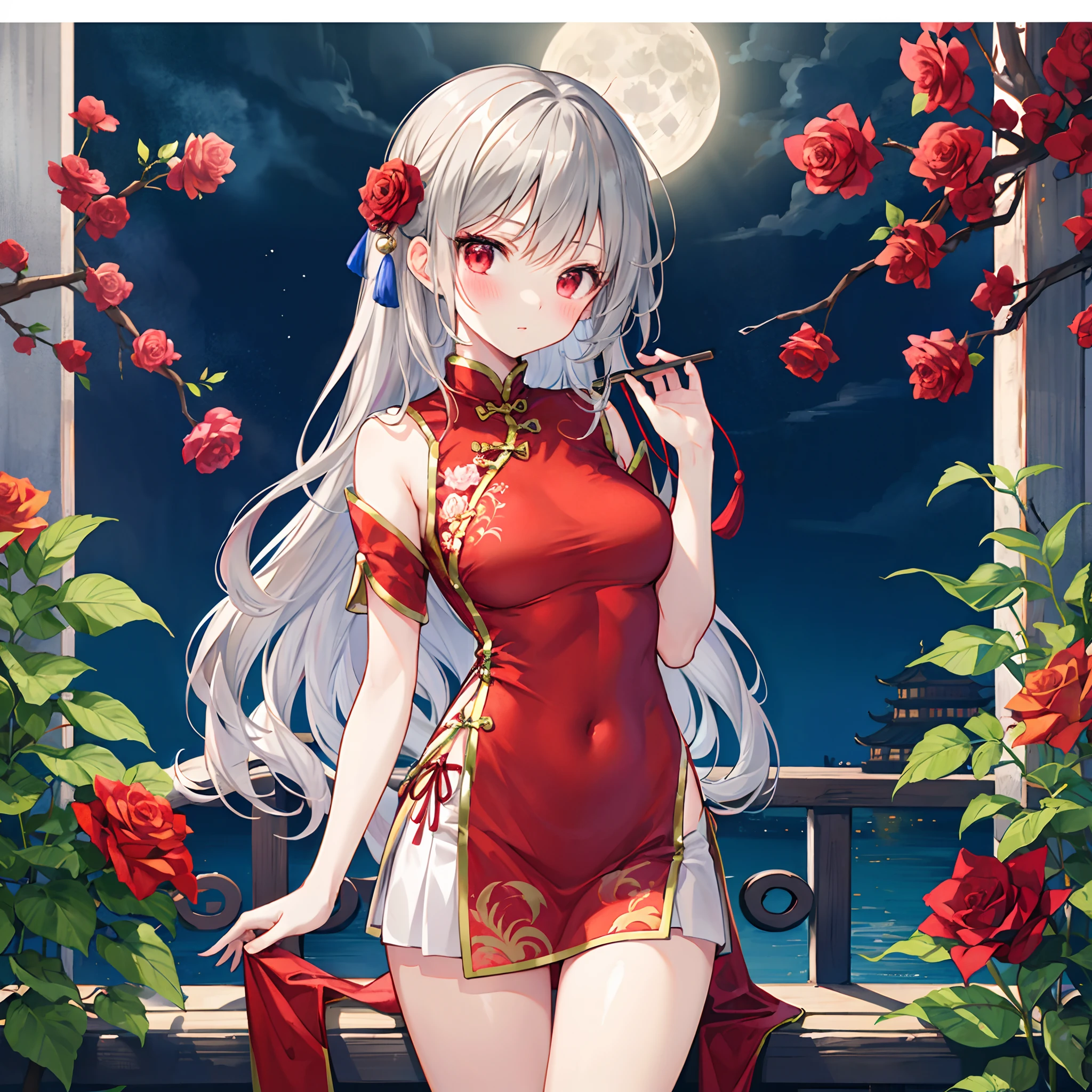 Wavy Gray Hair、red eyes、Beautiful girl alone、chinese clothes、a miniskirt、off shoulders、rose garden、a moon、red blush、