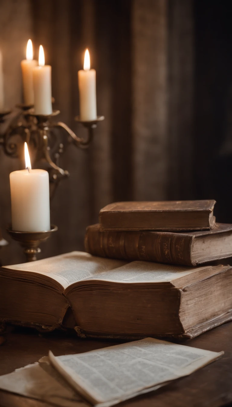 A wide angel professional portrait Old bible opened on the rustic old table with light candle on the side, dark romantic room, cinematic photography, Sigma 50mm f/1.4 DG HSM Art Lens, by Myles Loftin