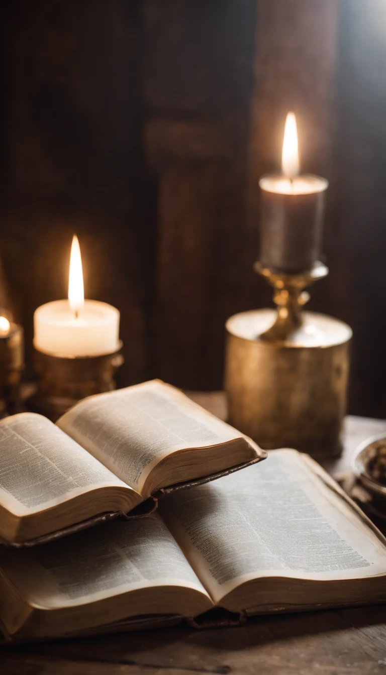 A wide angel professional portrait Old bible opened on the rustic old table with light candle on the side, dark romantic room, cinematic photography, Sigma 50mm f/1.4 DG HSM Art Lens, by Myles Loftin