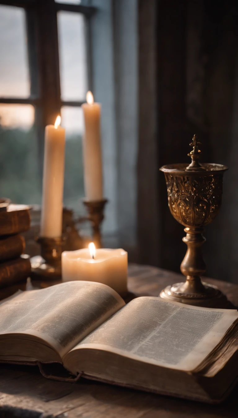 A wide angel professional portrait Old bible opened on the rustic old table with light candle on the side, dark romantic room, cinematic photography, Sigma 50mm f/1.4 DG HSM Art Lens, by Myles Loftin