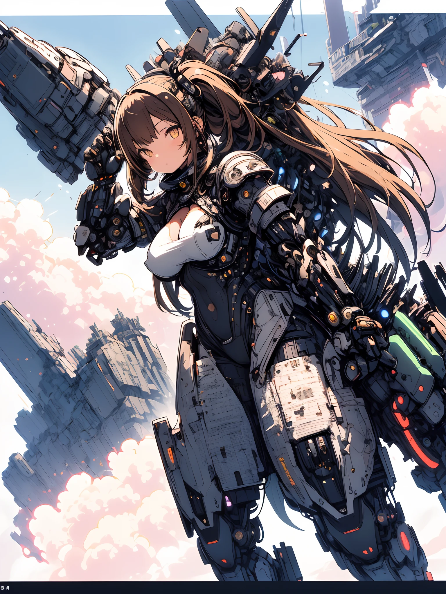 The most beautiful and sexy mecha warrior girl, long brown hair in a ponytail, yellow eyes, wearing a highly detailed futuristic hooded mecha battle armor, mechanical angel wings, huge enormously gigantic tits, cleavage showing, tons of tattoos and piercings, in hyper futuristic city metropolis, cherry blossoms blowing in the wind, highly detailed background, absurdres, highres, ultra detailed, (cute illustration:1.5), (cute,kawaii,sweet:1.2),
(1girl:1.4), bodysuit, cyborg girl,
hyper gigantic mechanical hands,dynamic pose,
nice hands, perfect hands, incredibly cinematic, best quality, best resolution